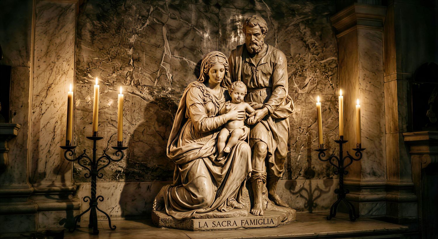 Stone sculpture of the Holy Family with candles, labeled La Sacra Famiglia, in a candlelit church setting.