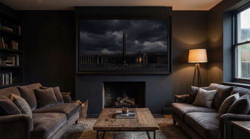 Architectural hearth visualisation showing fine art photography integrated into an elegant interior.