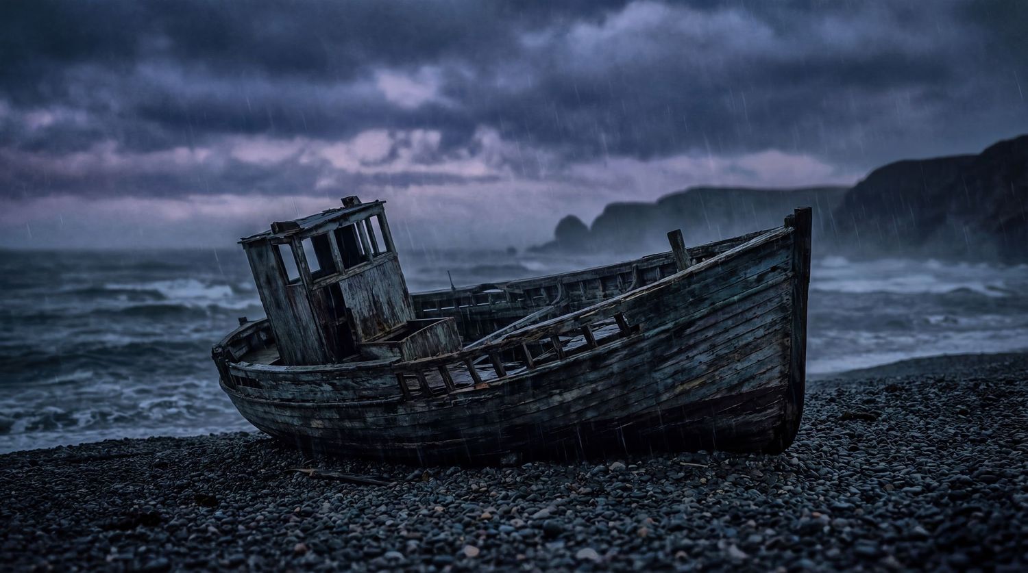 An abandoned wooden fishing boat rests on a dark beach under stormy clouds at dusk.