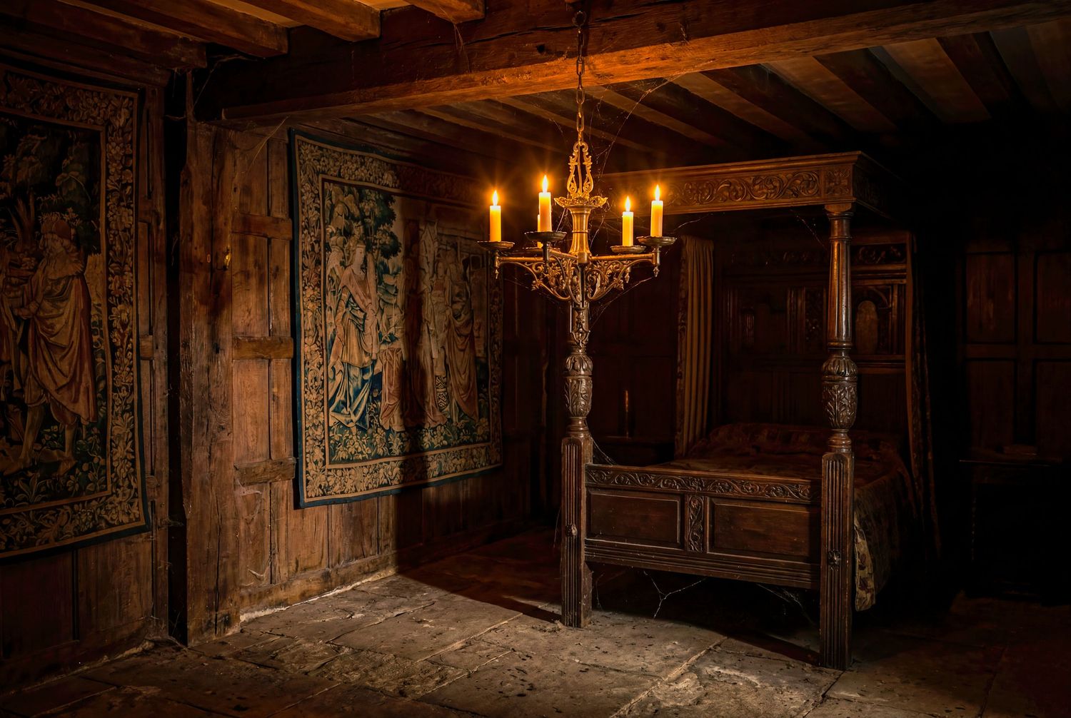 Medieval castle bedroom with candlelit chandelier, ornate four-poster bed, tapestry wall art, and dark wood paneling.