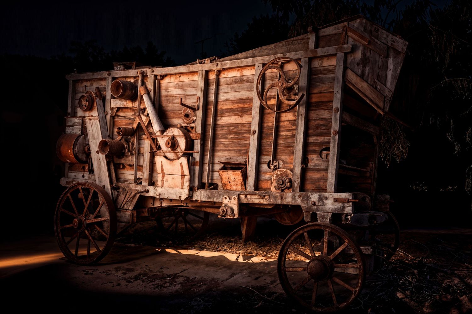 Antique wooden wagon with large spoked wheels illuminated dramatically at night in an outdoor setting.