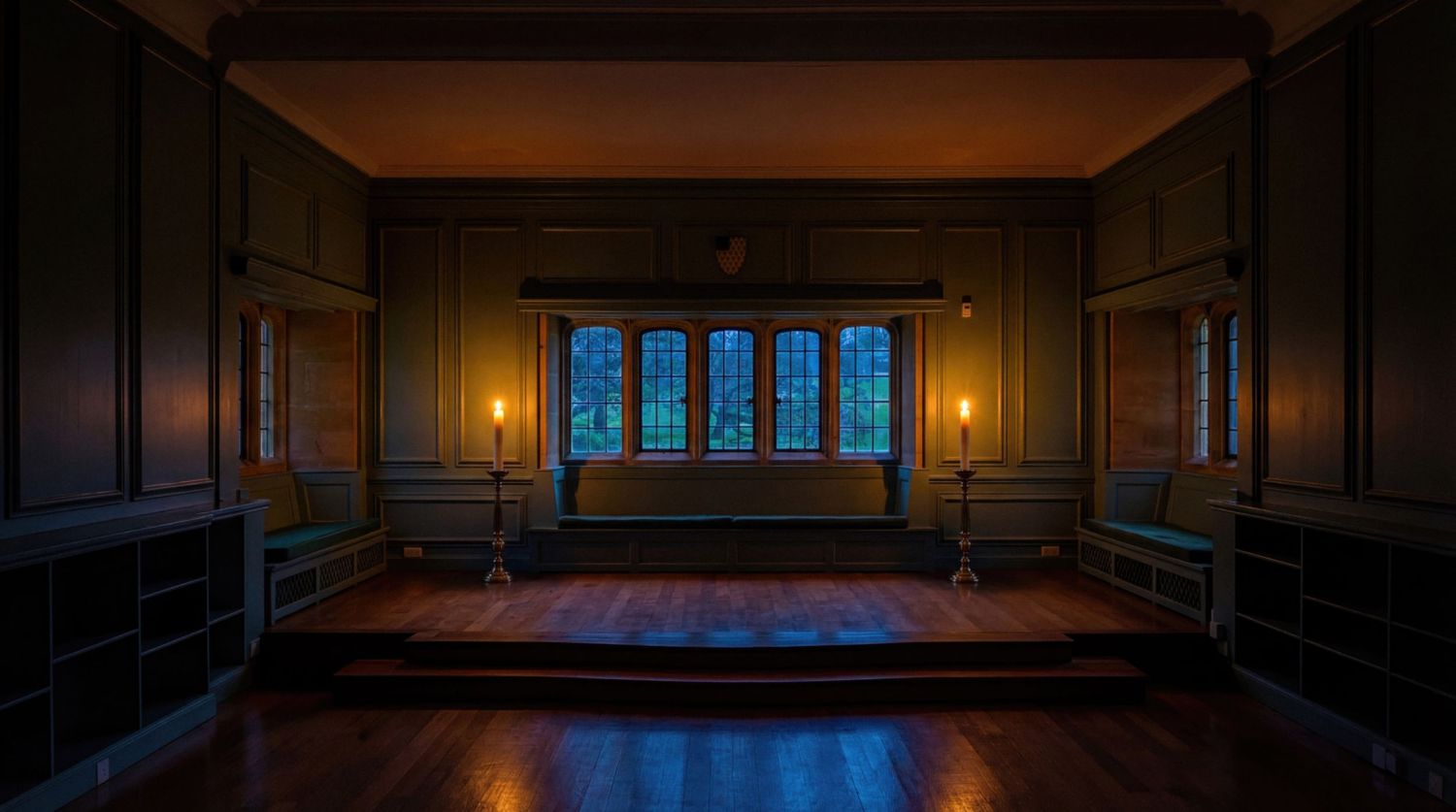 Dark empty ballroom interior with wood paneled walls and warm sconce lighting creates an elegant atmosphere.