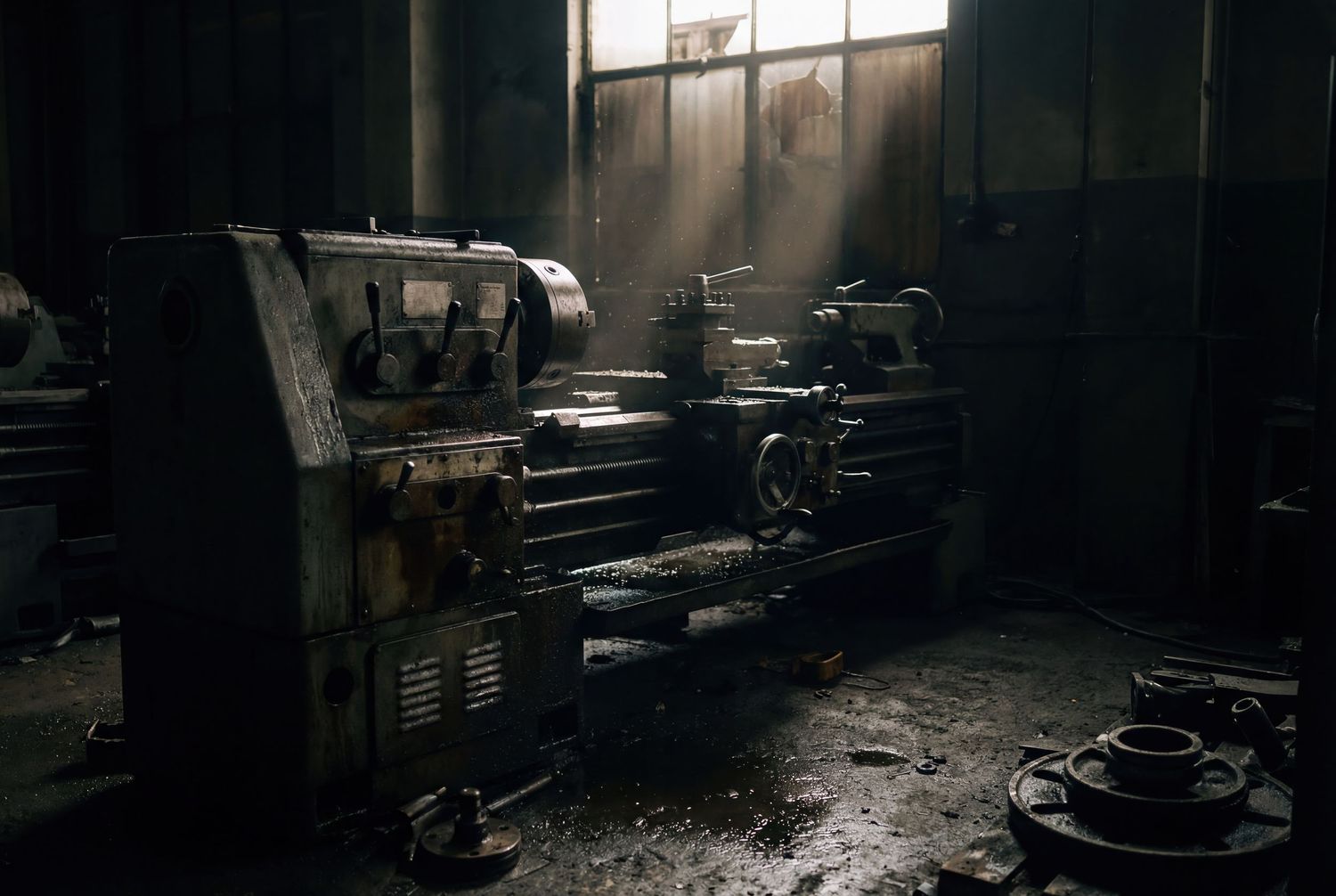 Moody industrial workshop interior with sunlight streaming through windows illuminating machinery and equipment.