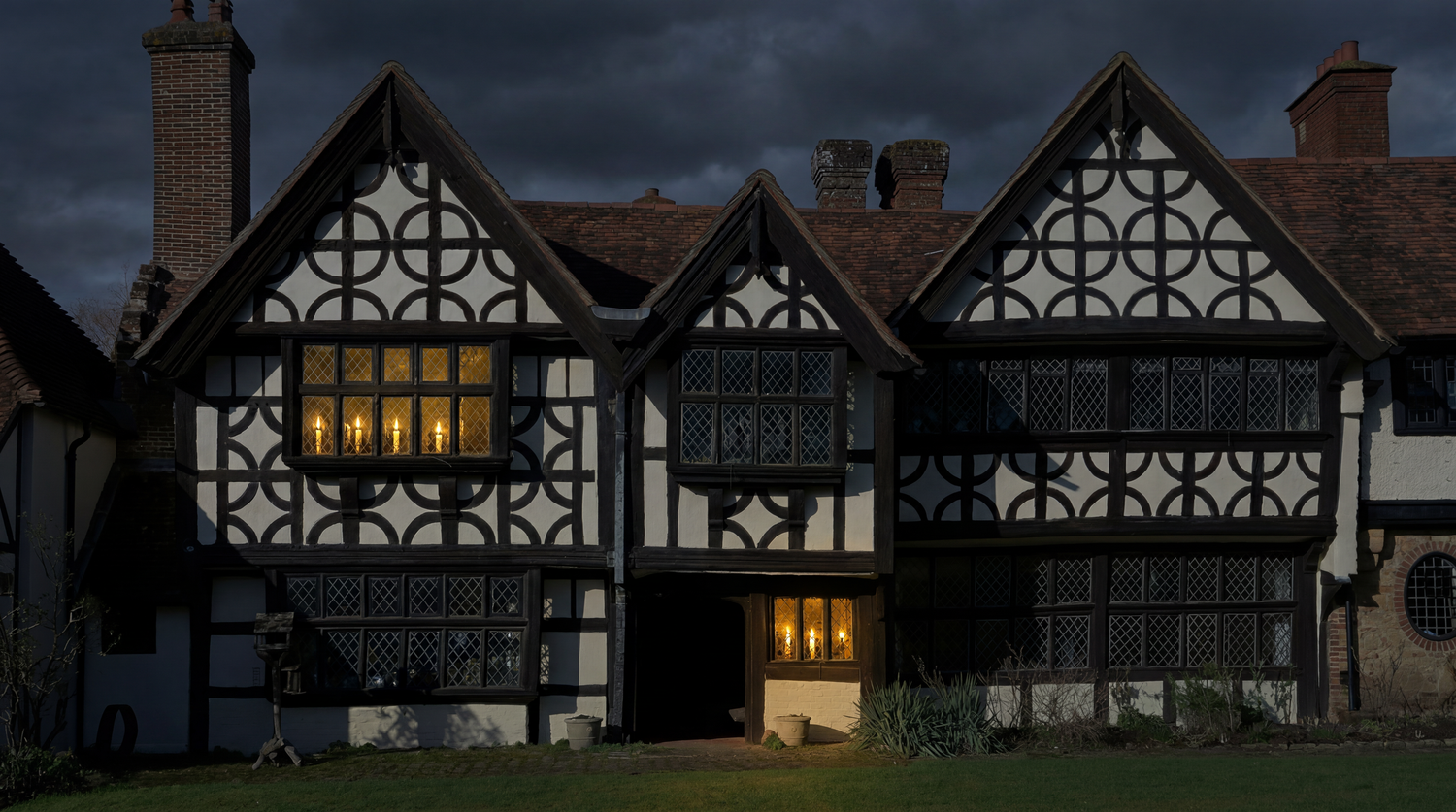 A dramatic Tudor-style half-timbered manor house illuminated at night with glowing windows against a dark stormy sky.