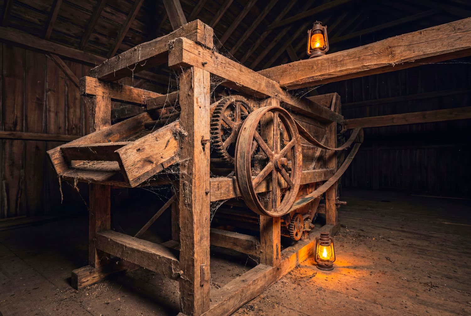 Antique wooden grist mill machinery with large gear wheel illuminated by vintage oil lanterns in a rustic barn.