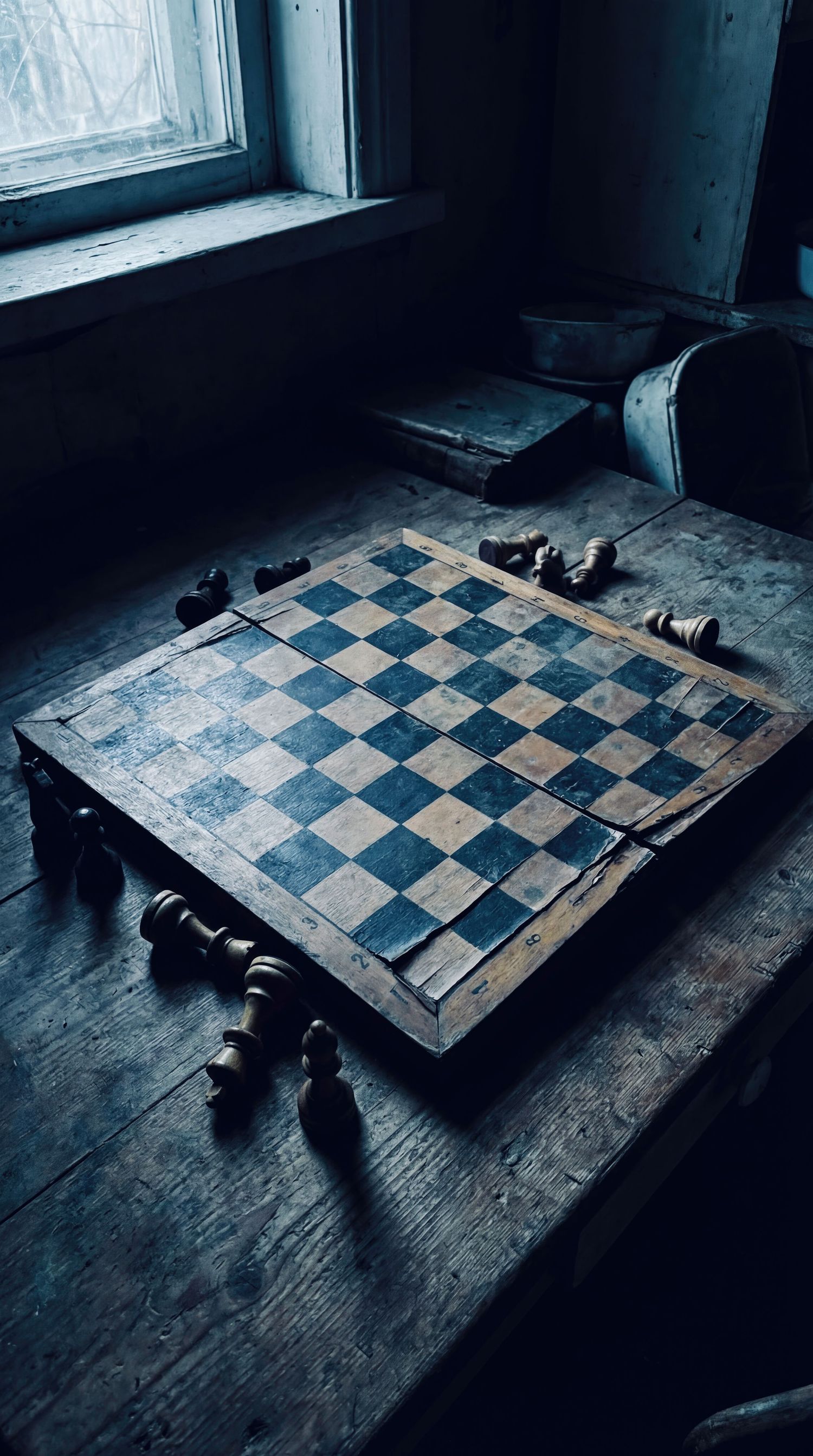 An old weathered chessboard sits on a dark wooden floor near a window in moody lighting.