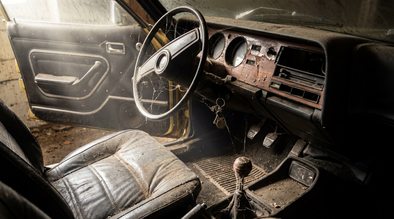 Abandoned vintage car interior with deteriorating seats, dusty dashboard, and steering wheel in a dimly lit garage.