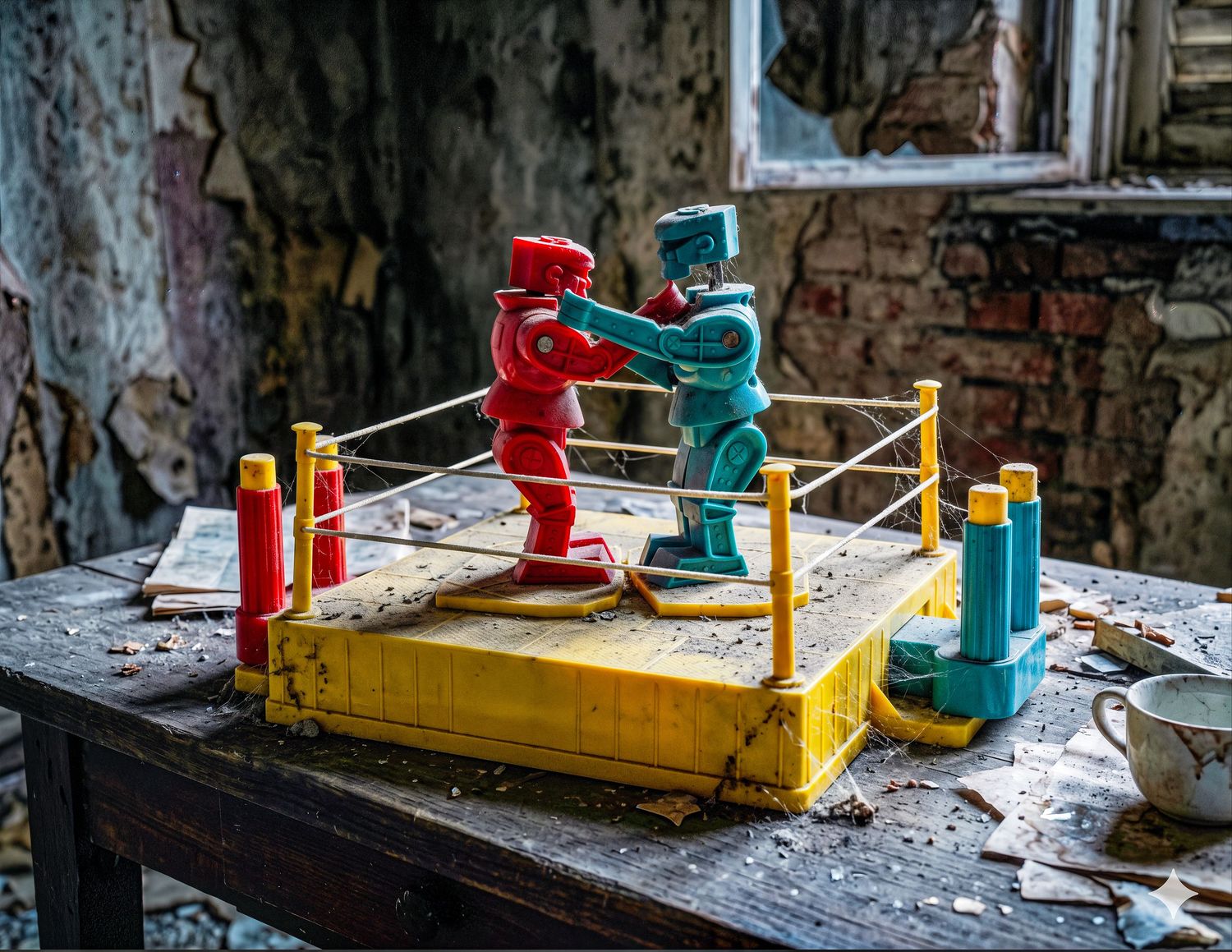 Vintage toy boxing ring with red and green robot fighters on a worn wooden table in an abandoned building.
