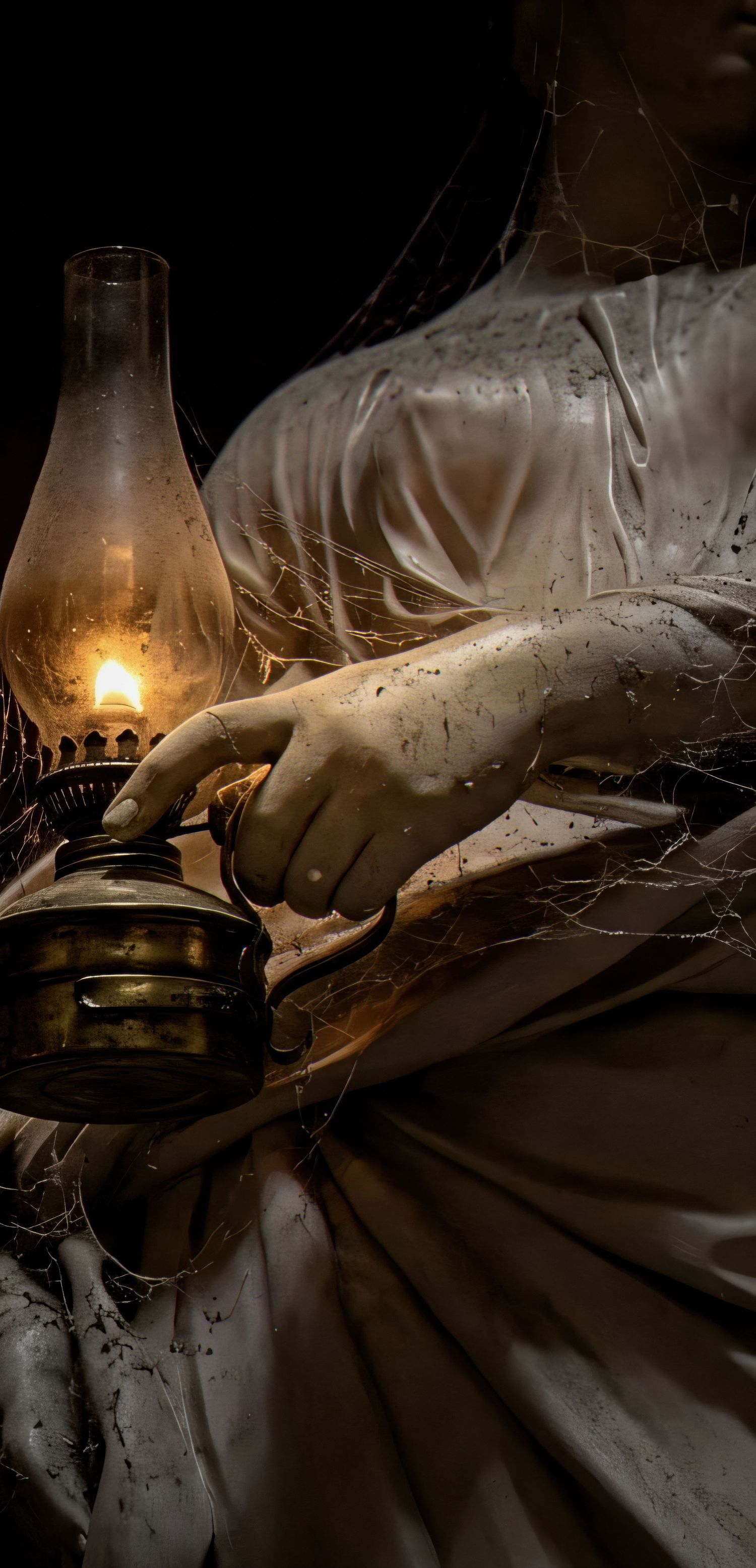 Vintage glass oil lamp with cobwebs creates moody lighting in dark setting, captured in multiple angles.