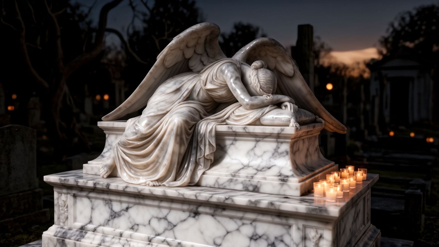 Marble angel statue weeping over ornate tomb with candles at dusk in cemetery.