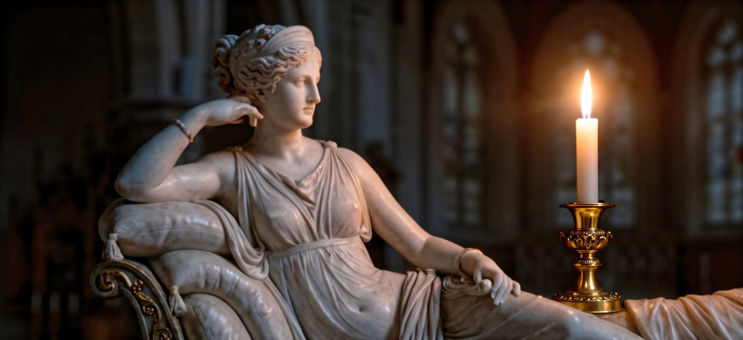 Classical marble statue of a reclining goddess illuminated by candlelight in an ornate architectural setting.