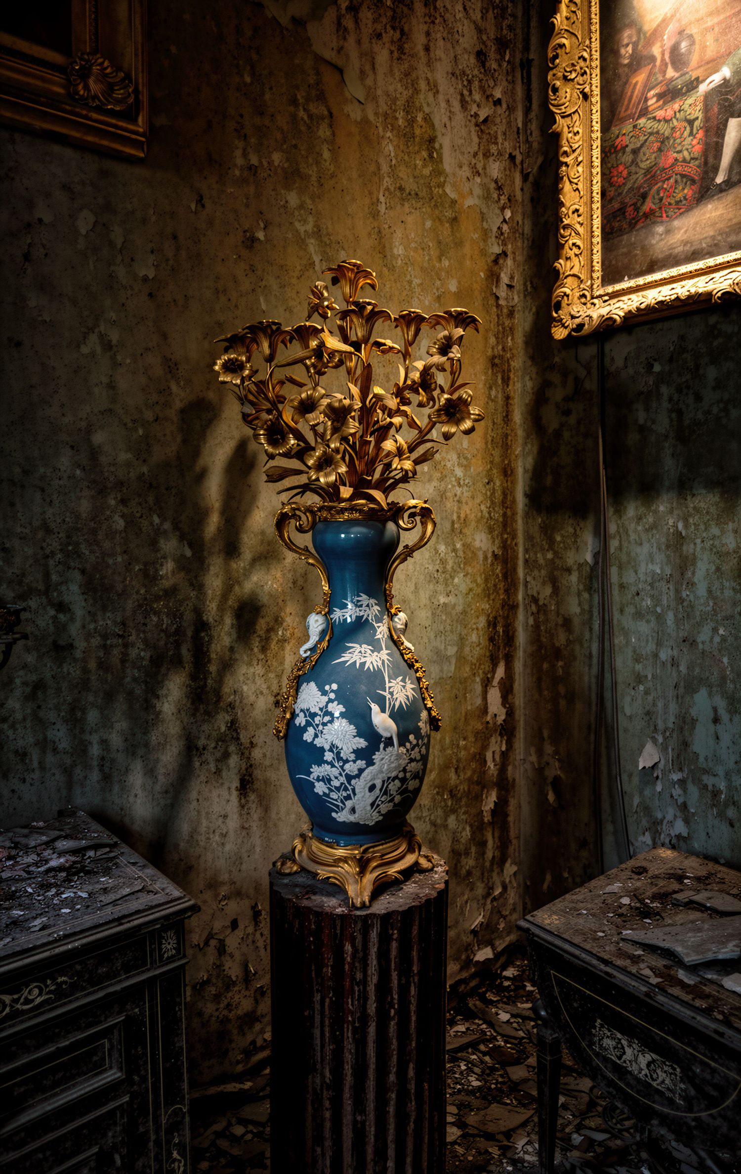 Blue and gold ornate ceramic vase with gilded floral arrangement on pedestal in a dimly lit, aged room.