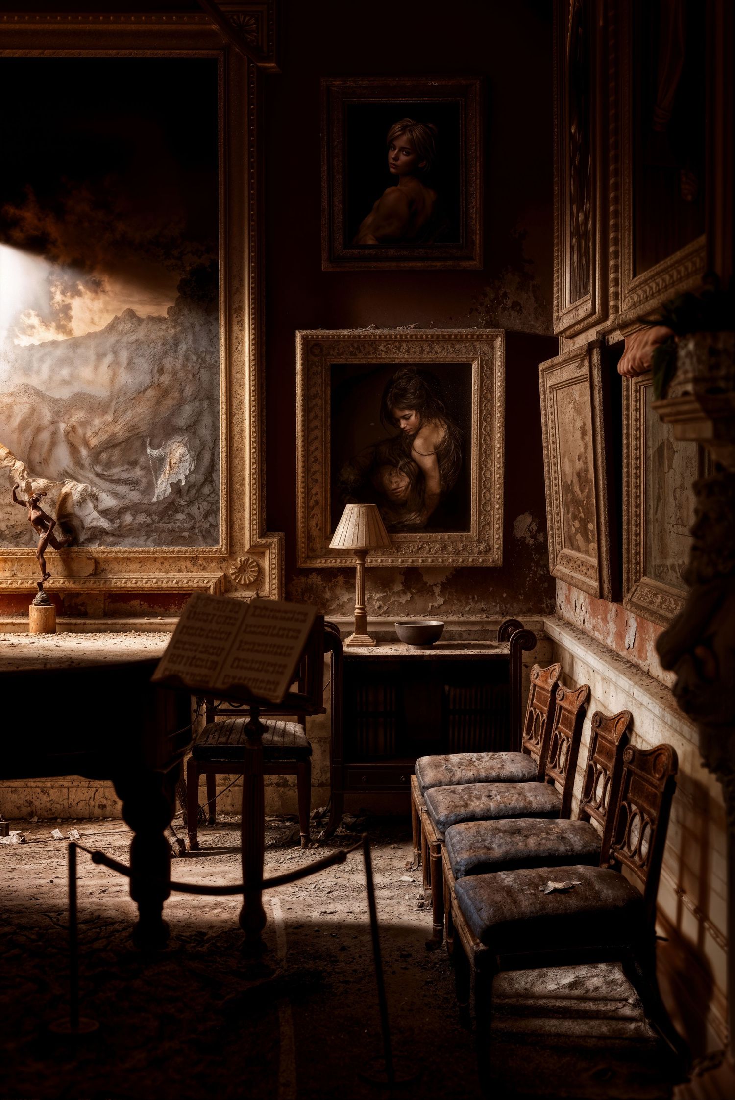 Abandoned ornate room with gilded framed paintings, dusty chairs, and a small lamp on a table in dim, atmospheric light.