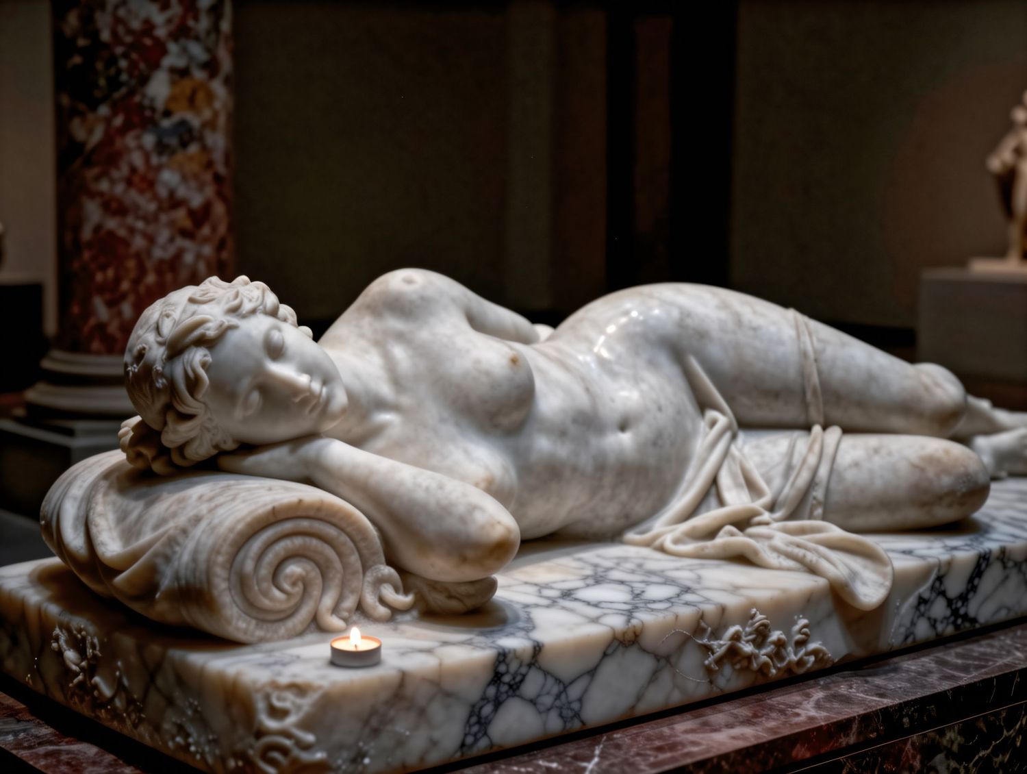 White marble sculpture of a reclining sleeping figure on an ornate marble base, displayed in a classical museum setting.