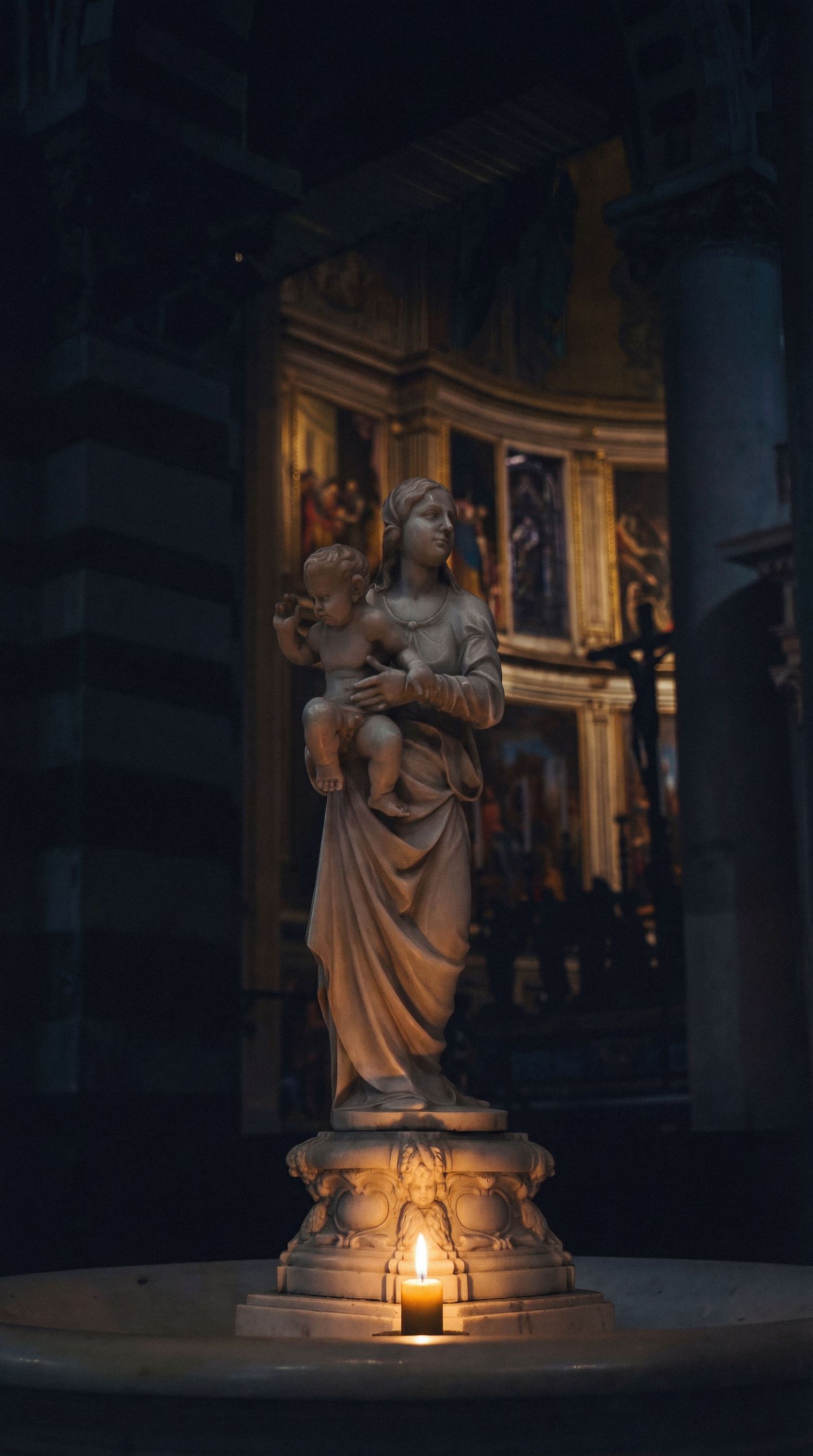 The woman and child, Stone Statute in an ancient church - Limited Edition Print by Michael Gane