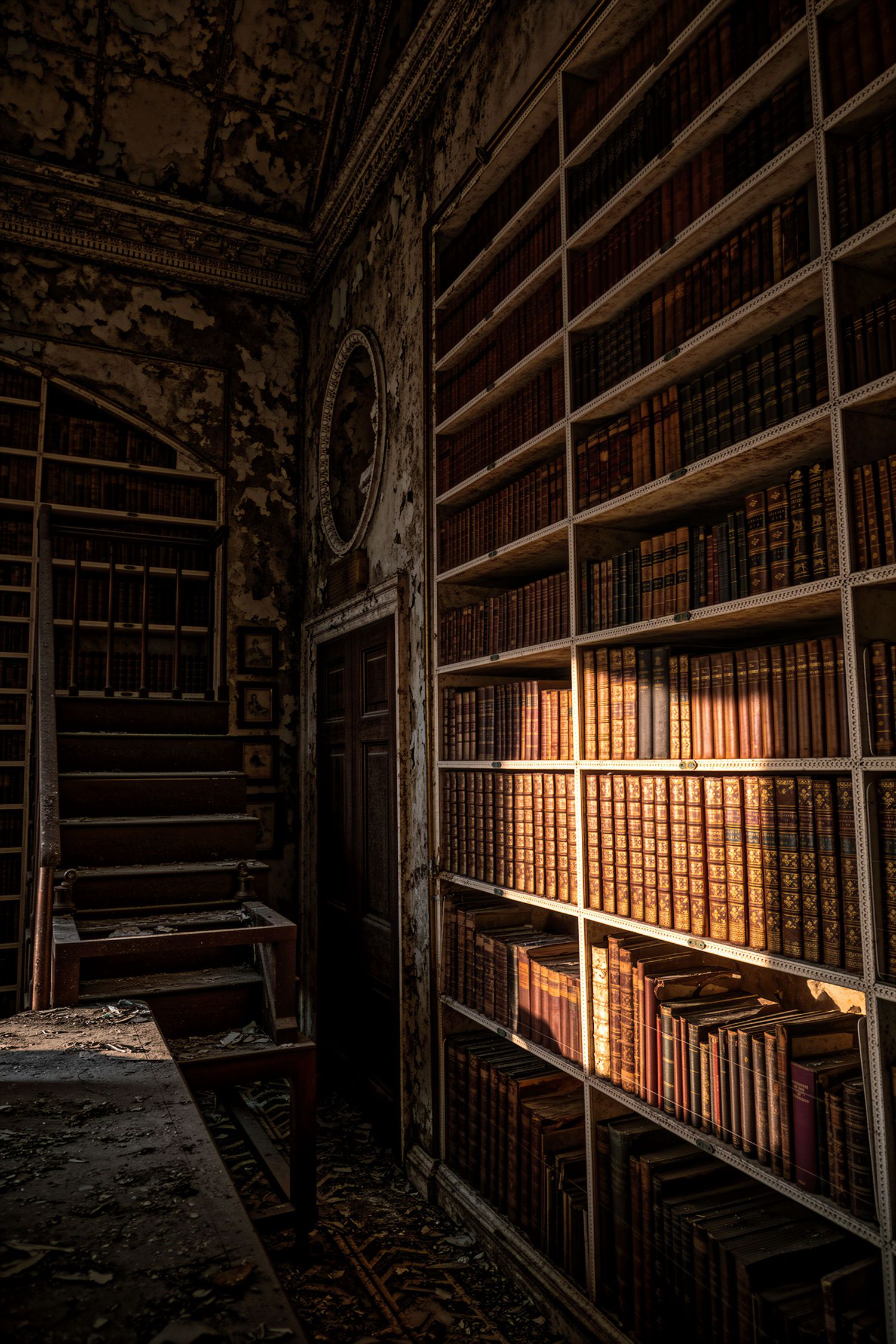 Abandoned library with warm light illuminating old books on wooden shelves in a decaying ornate room.