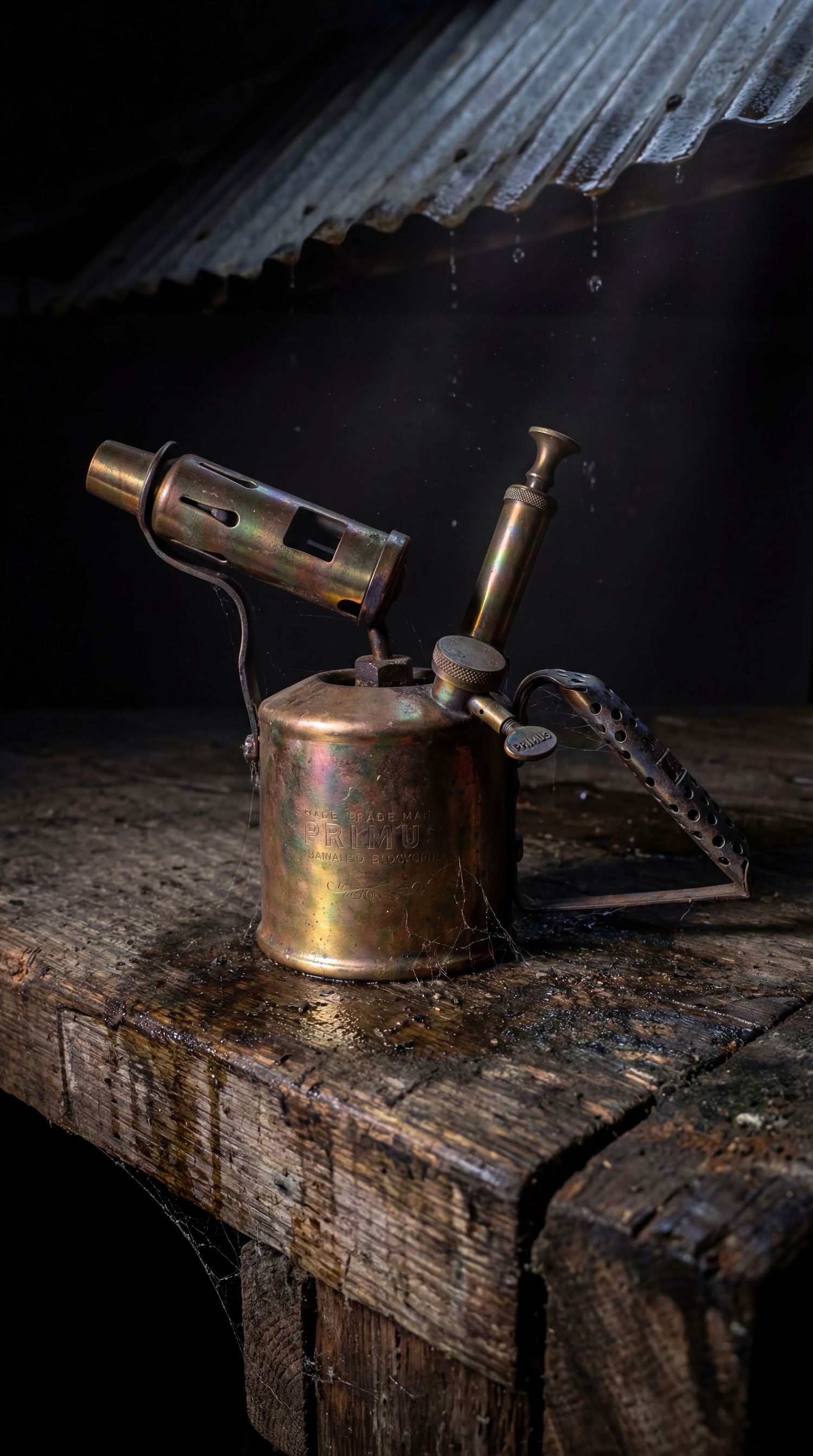 An antique brass blowtorch sits on a weathered wooden beam in dramatic low-key lighting.
