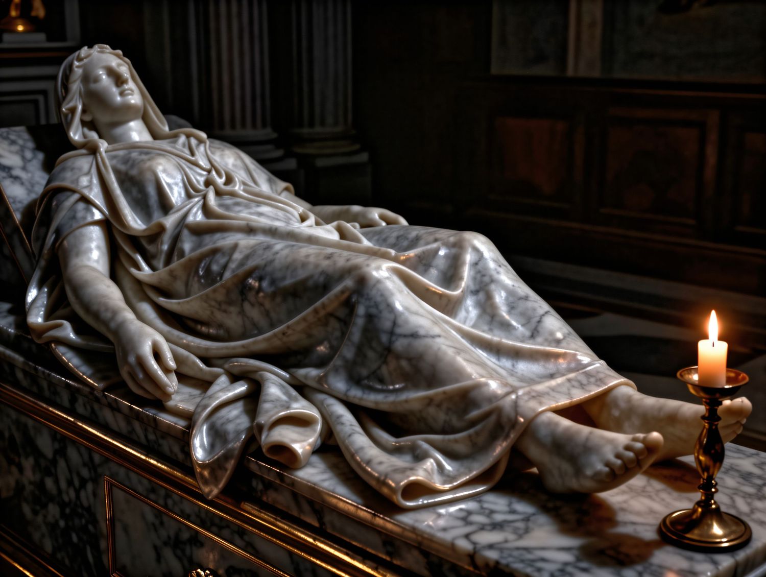 Marble sculpture of a reclining woman in flowing robes on a tomb, lit by a single candle in a church.