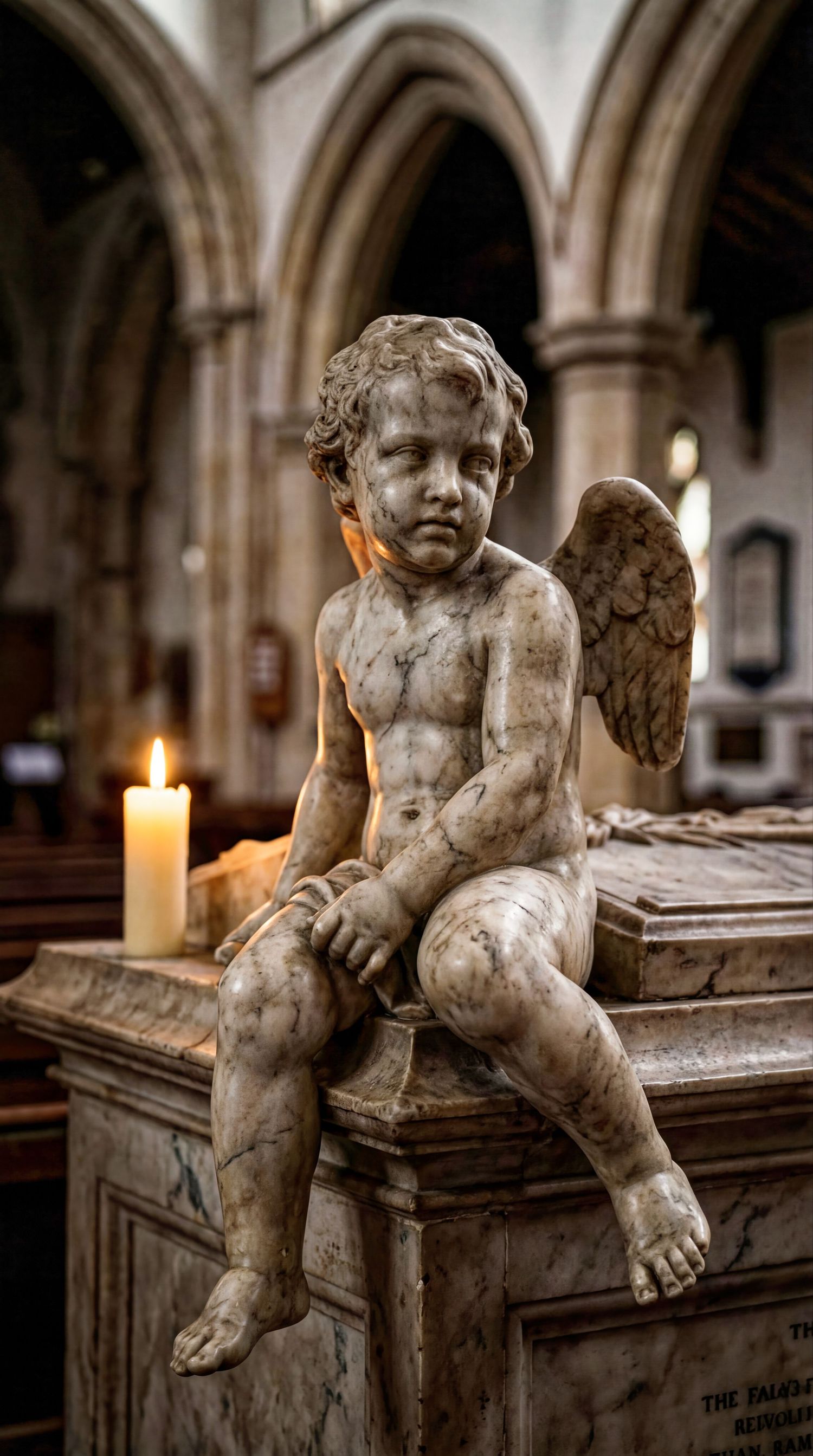 Weathered stone cherub statue with wings sitting on ornate pedestal beside lit candle in historic church with Gothic arches.