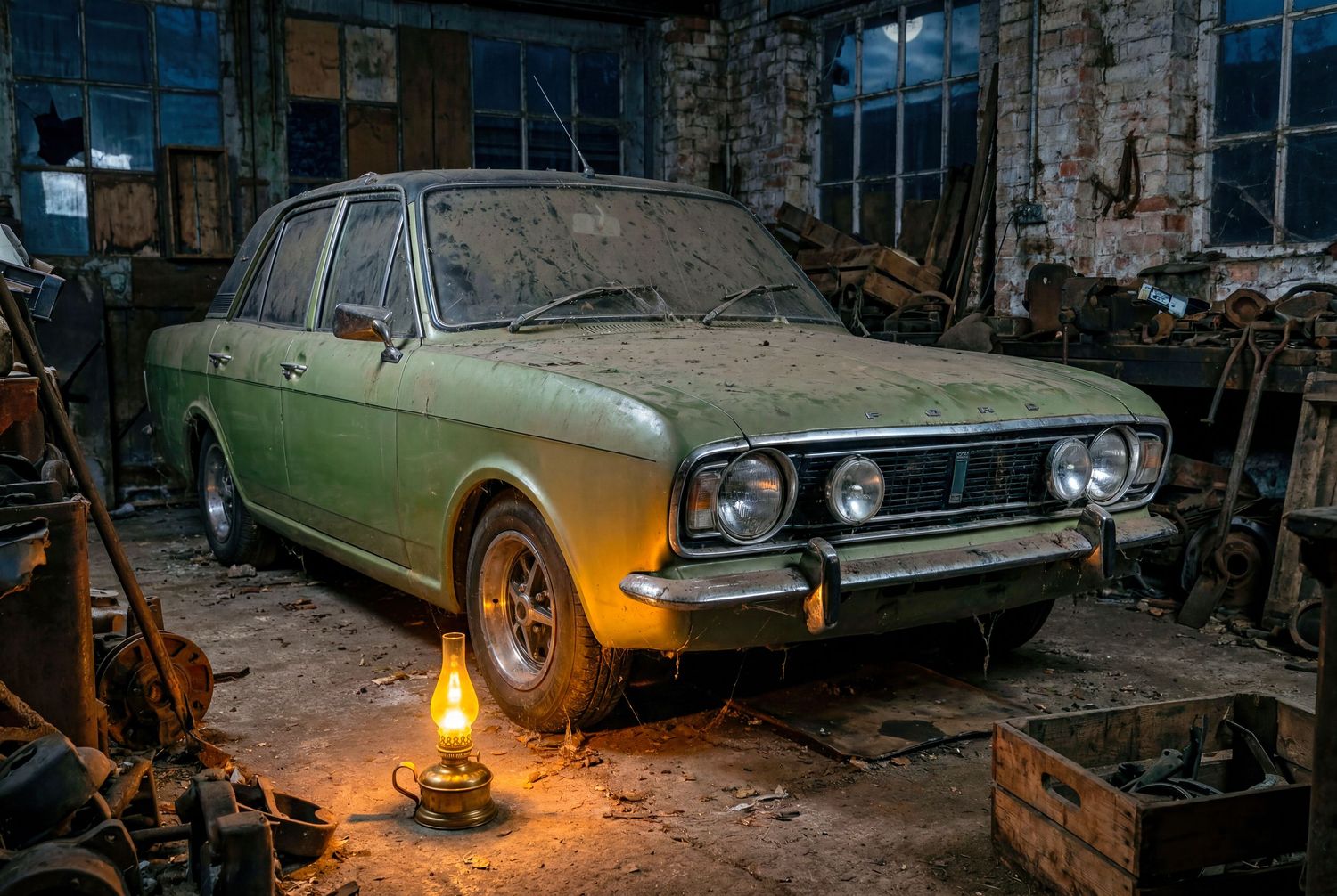 Abandoned green vintage car covered in dust sits in a dimly lit, dilapidated garage with an old oil lamp.
