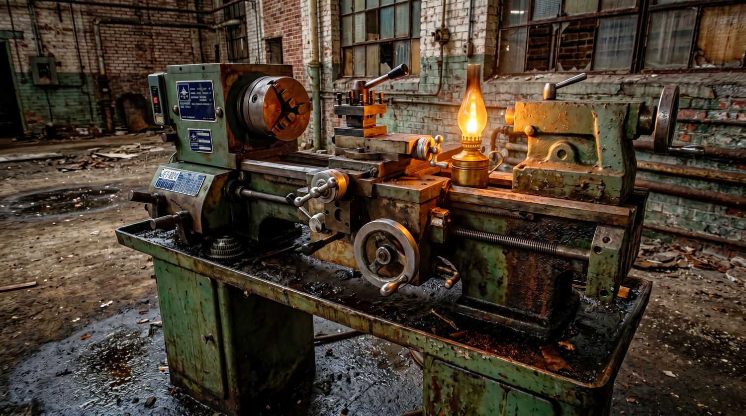Rusty vintage metal lathe machine in an abandoned industrial factory with dramatic orange flame lighting.