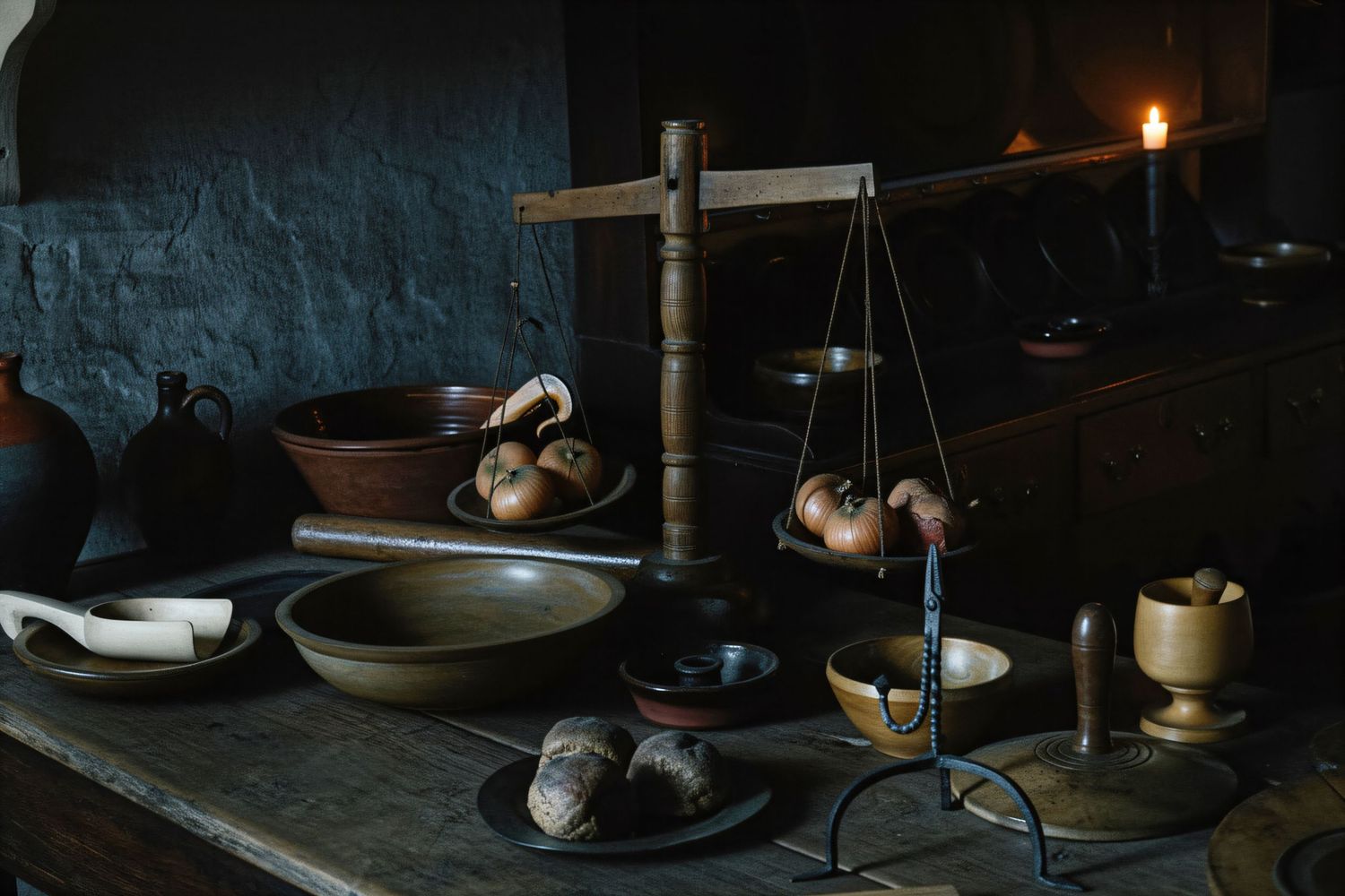 Rustic medieval kitchen scene with antique balance scales, wooden bowls, candle, and vintage cookware on a dark wooden table.