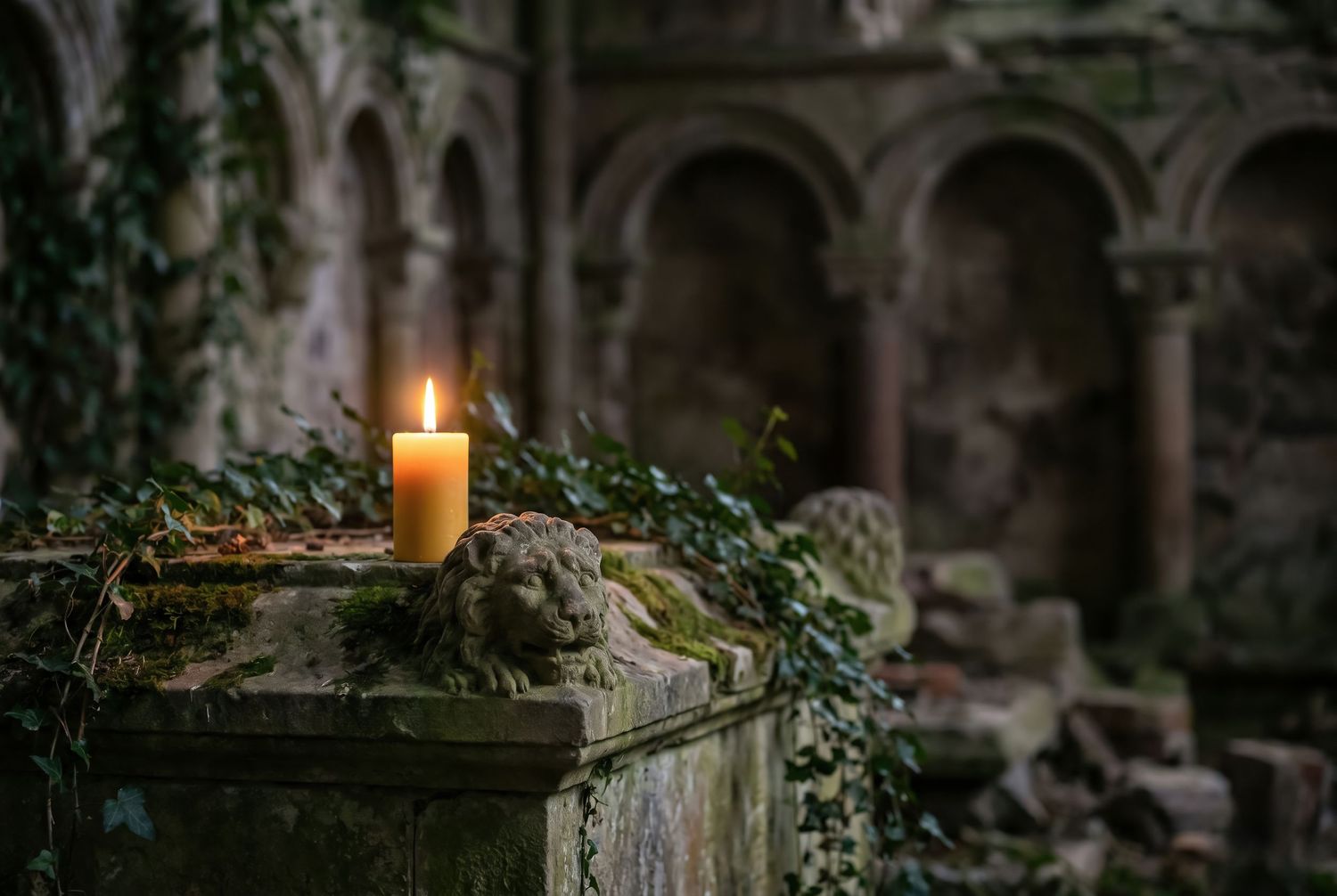 A lit candle glows warmly on a mossy stone ledge amid ivy-covered ancient ruins with arched stonework in the background.