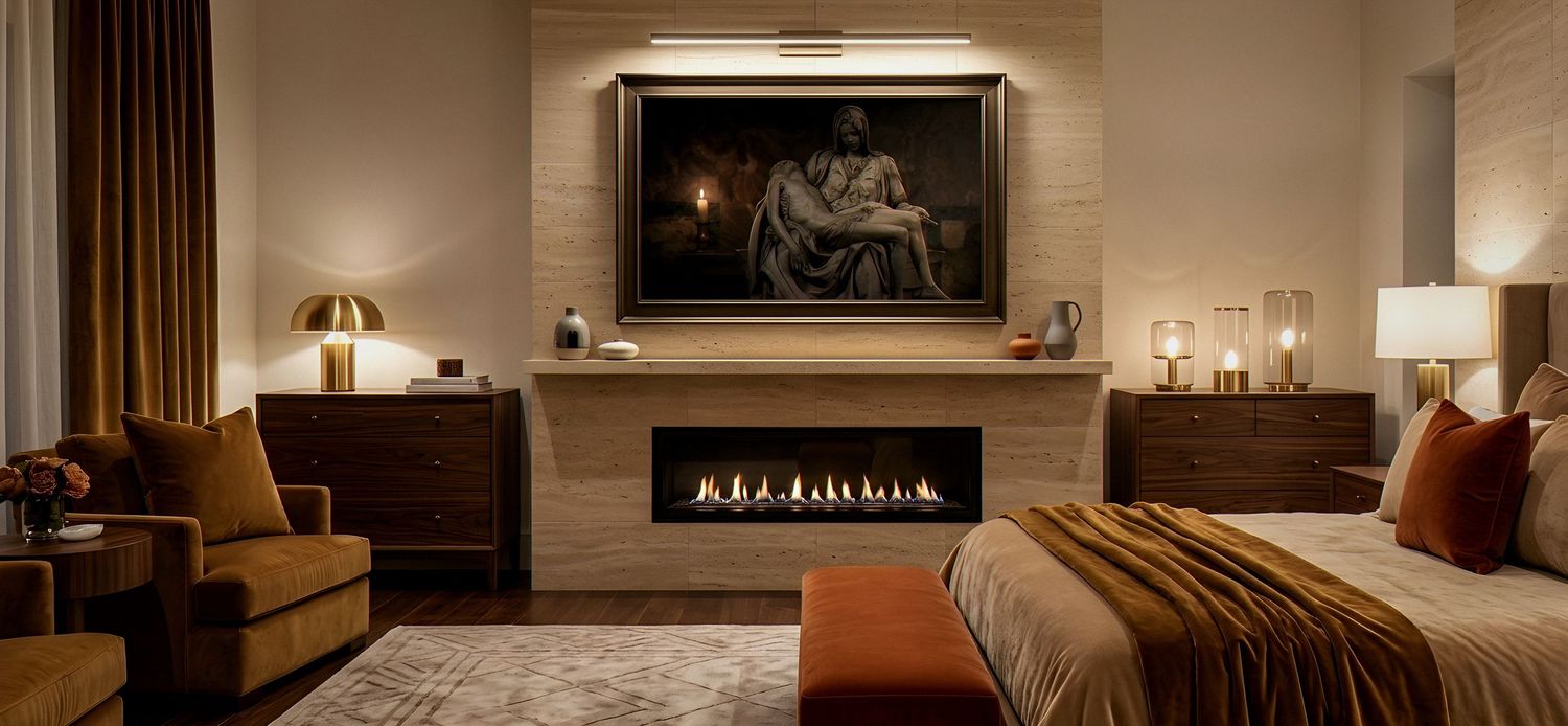 Elegant hotel bedroom with linear fireplace, warm lighting, framed artwork, and rich brown tones creating a luxurious ambiance.