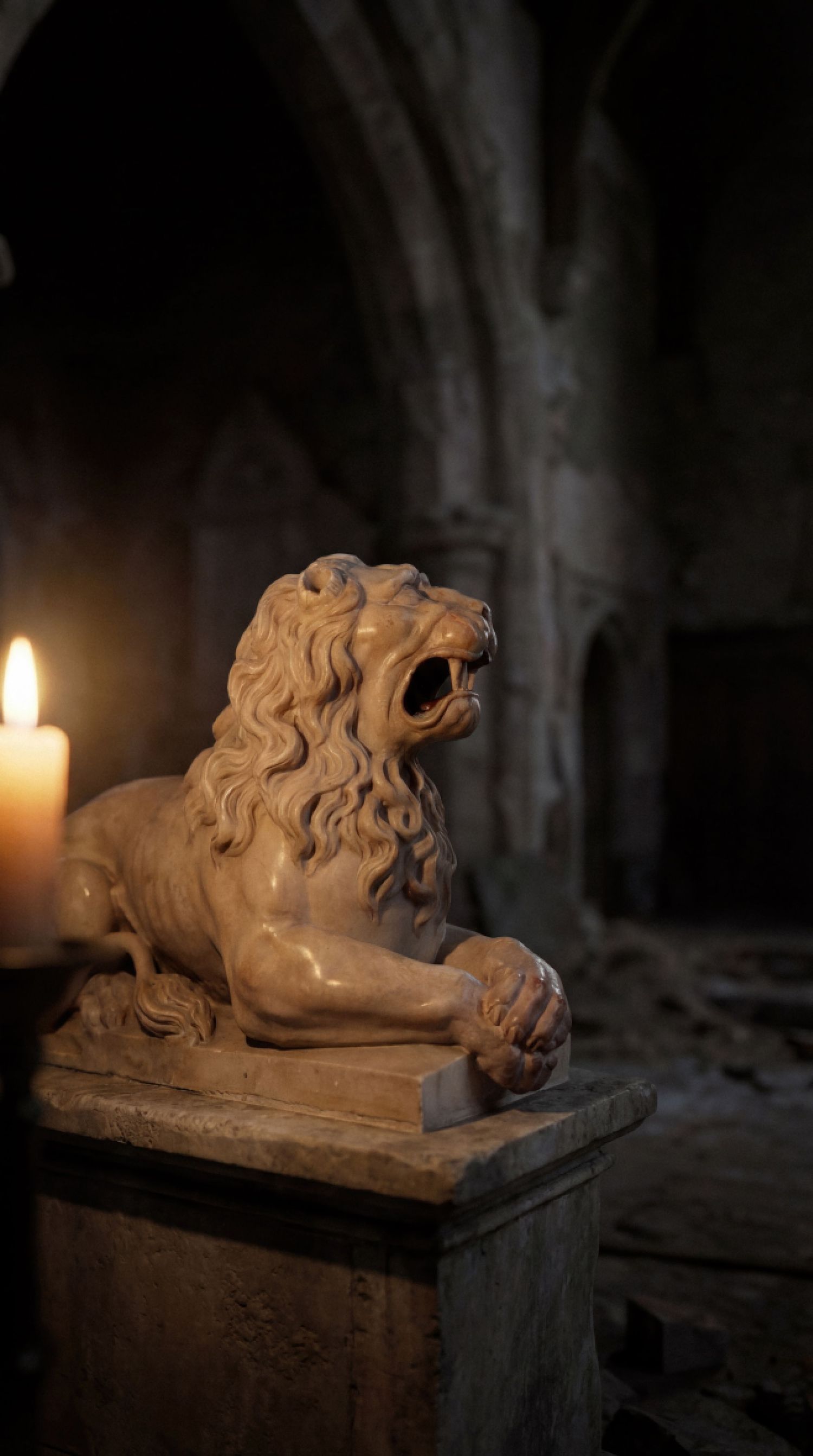 A stone lion sculpture in a dimly lit cathedral interior with candlelight casting shadows on the ancient stonework.