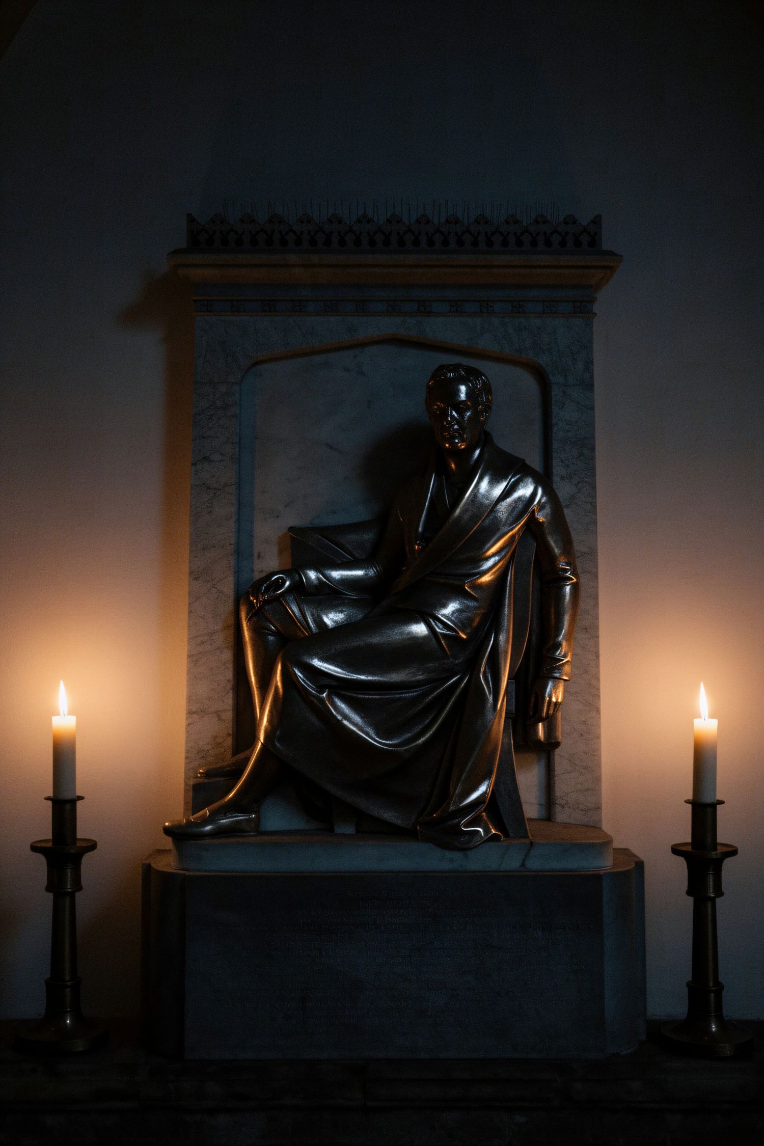 A dramatic sequence of a dark memorial sculpture lit by candlelight against a moody evening sky.