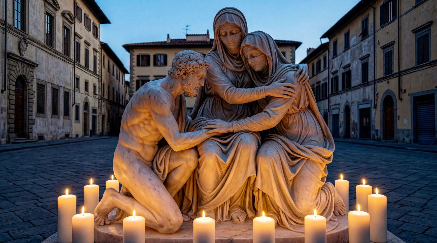 Marble Pieta sculpture with candles at dusk in Italian Renaissance plaza.