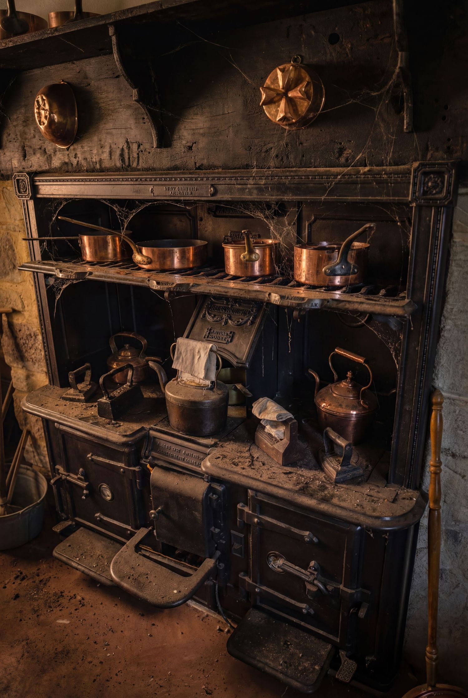 Antique copper pots and cookware displayed on rustic wooden shelves in a dimly lit historic kitchen setting.