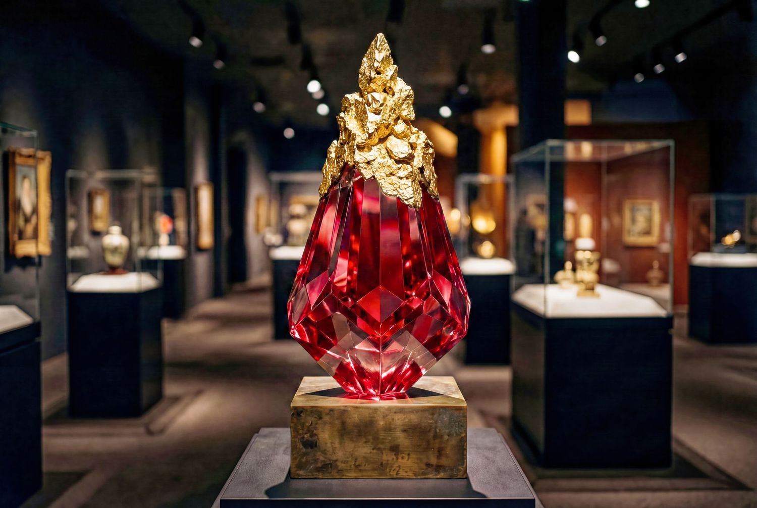 Large red crystal sculpture with gold accents displayed in a dimly lit museum gallery with glass cases.