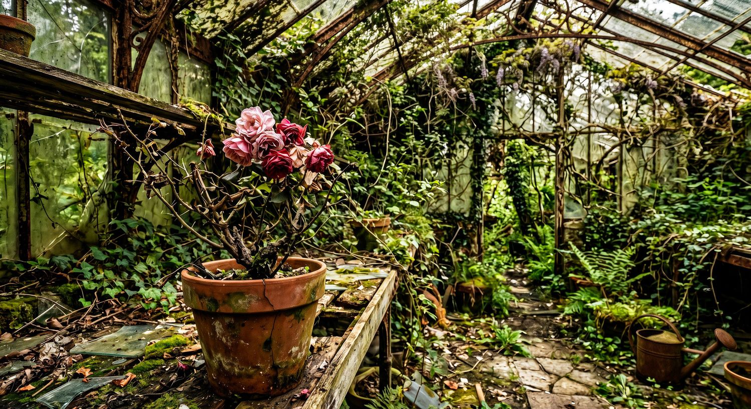 Abandoned greenhouse with overgrown plants, pink flowers in terracotta pot, broken glass roof, and lush green foliage.