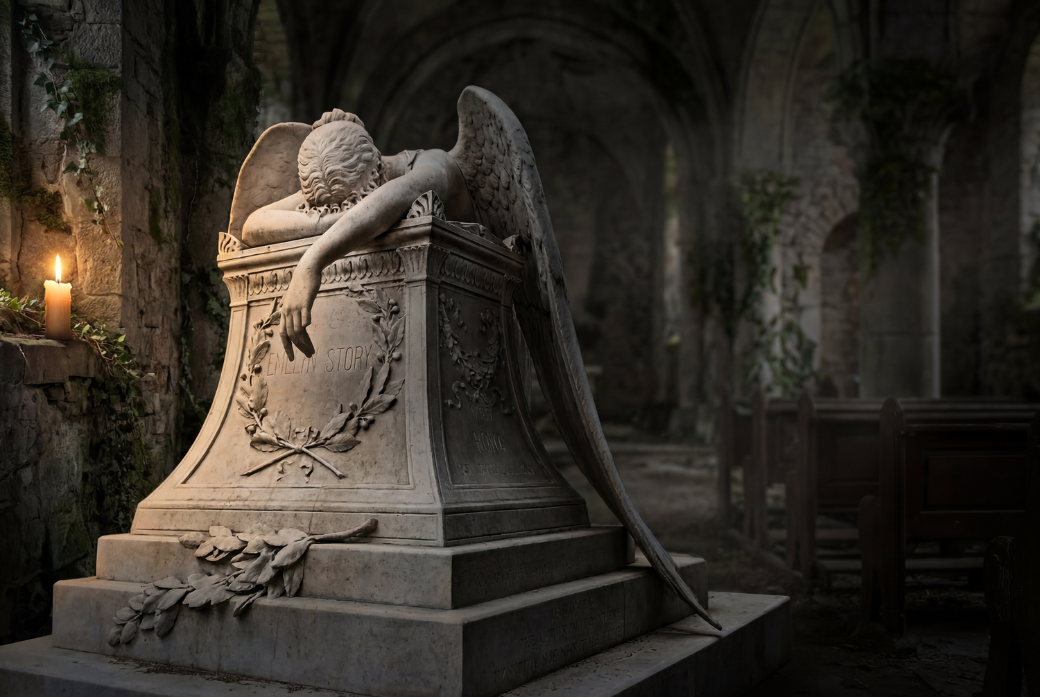 Stone angel statue weeping over ornate tomb in gothic cemetery, dramatic candlelit atmosphere.