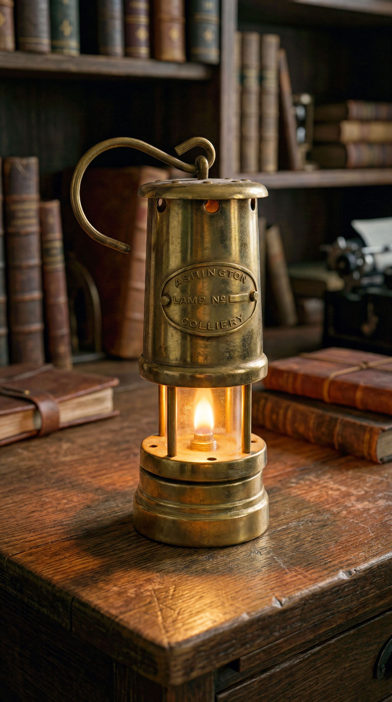 Antique brass miner's safety lamp glowing warmly on a wooden desk surrounded by vintage books in a cozy library setting.