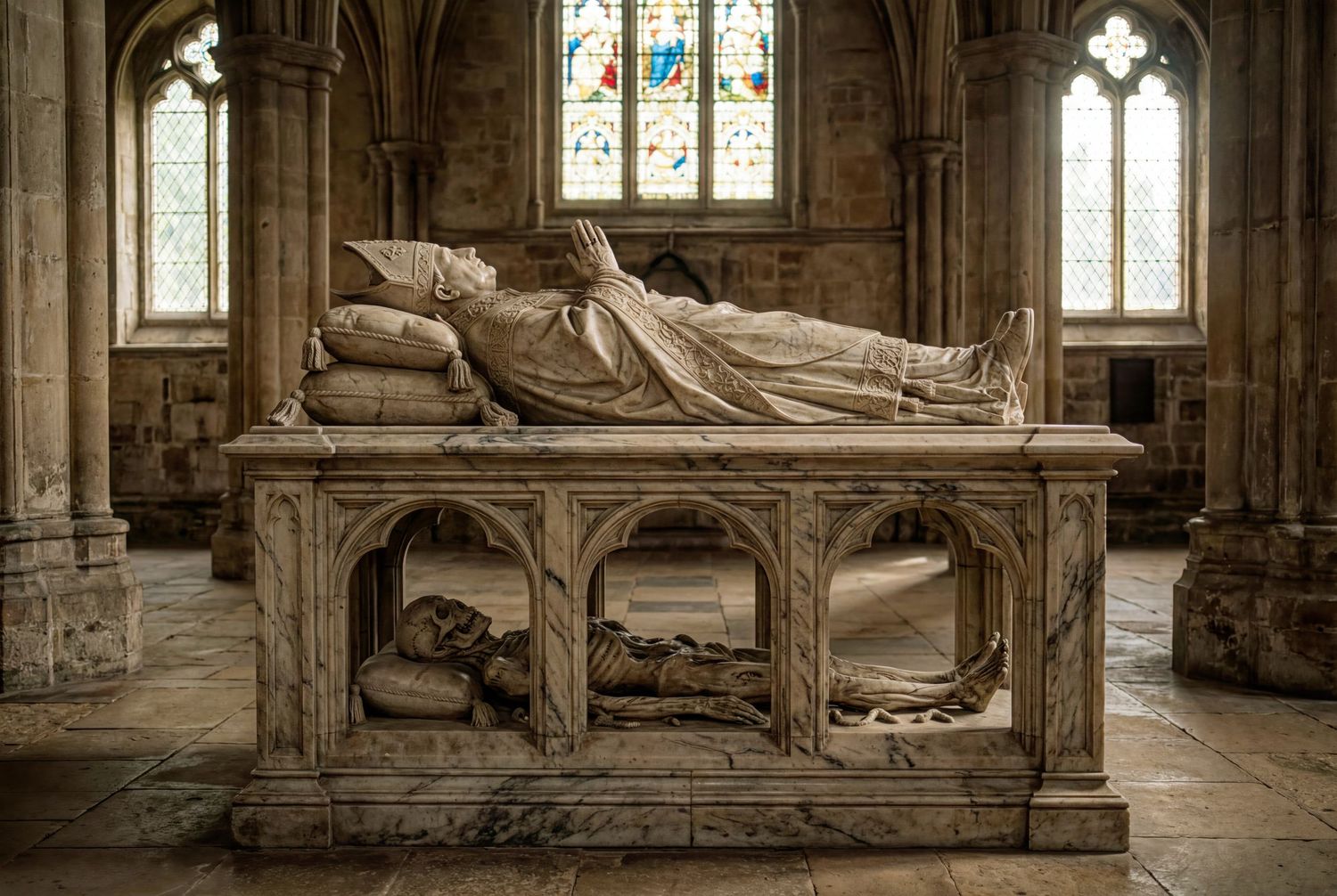 Medieval stone tomb effigy of a reclining figure in a Gothic cathedral chapel with stained glass windows.