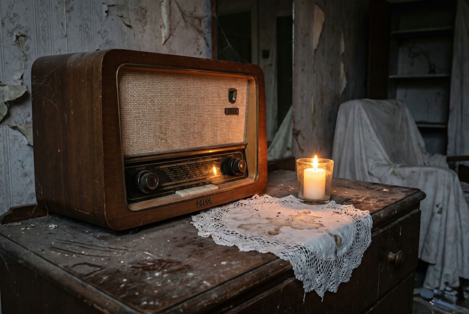 Vintage wooden radio and lit candle on antique dresser in abandoned room with peeling walls.