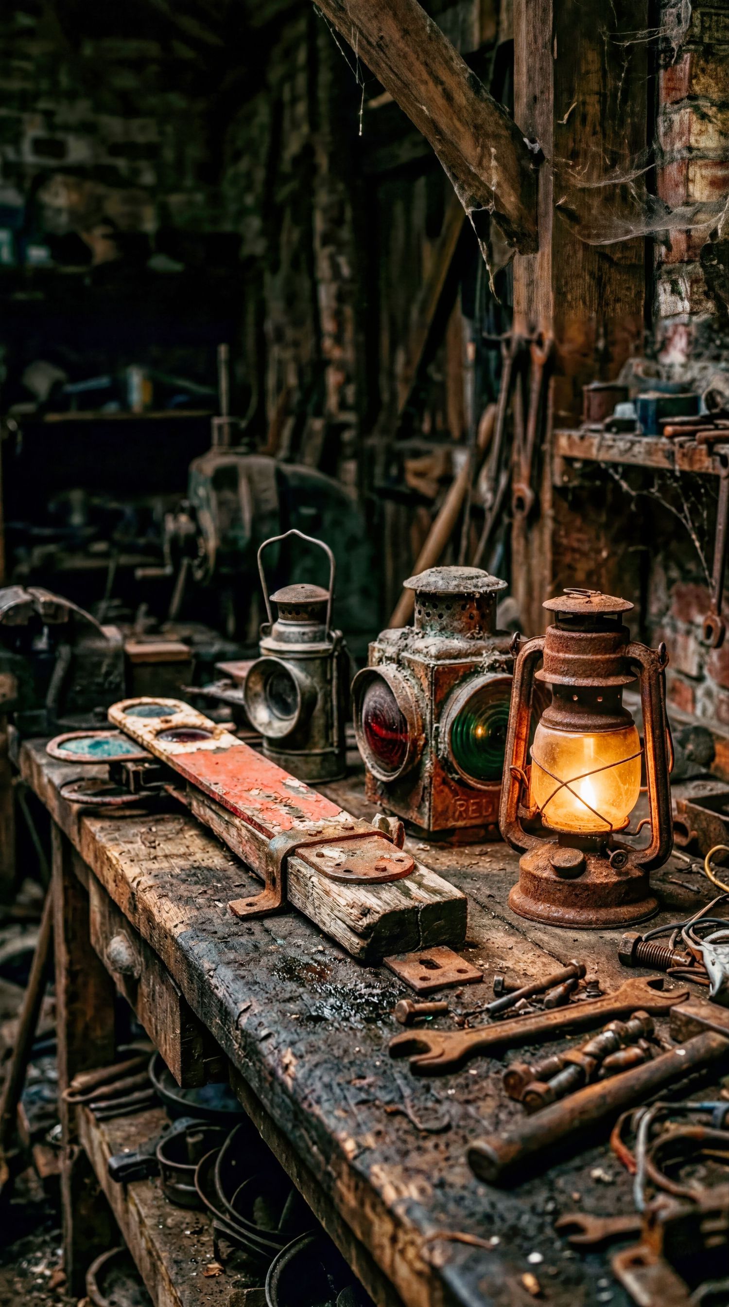 Rustic workshop workbench with vintage lanterns, rusty tools, and a glowing oil lamp in an abandoned, dimly lit shed.