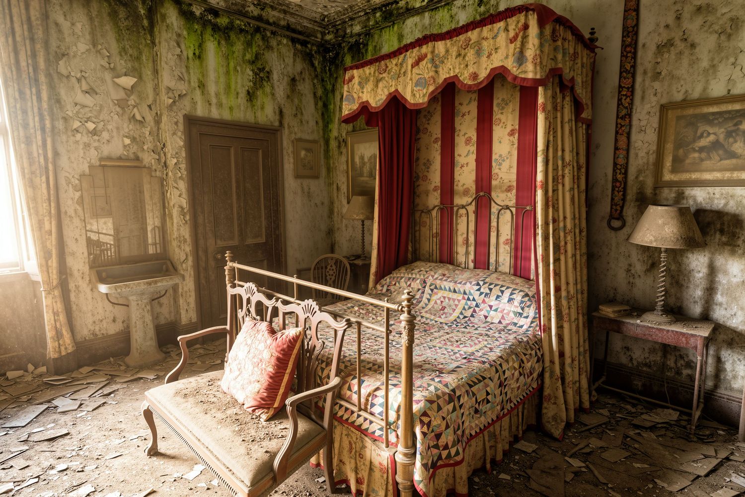 Abandoned ornate bedroom with a canopied four-poster bed, red drapes, and decaying walls covered in moss.