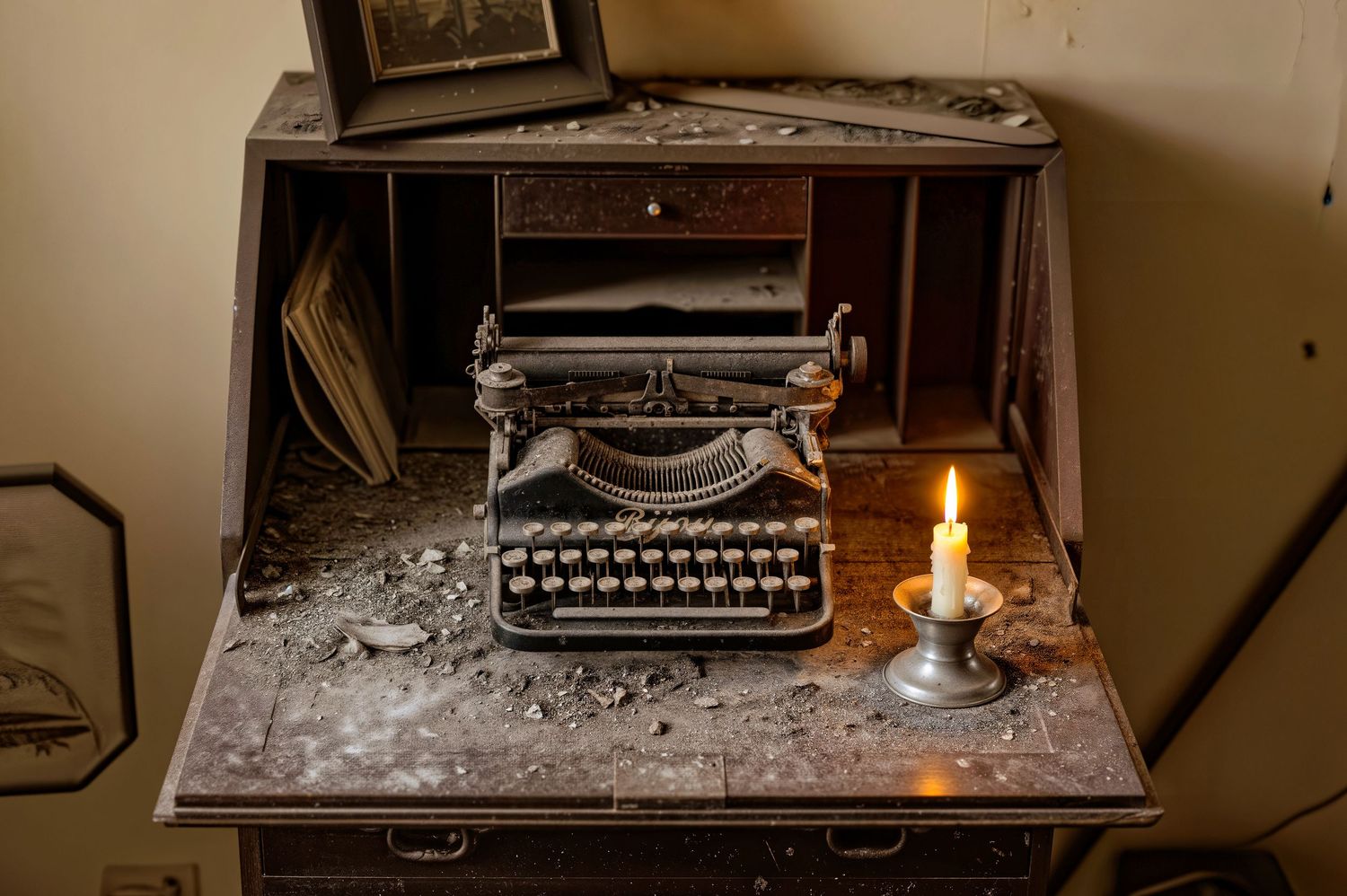 Antique typewriter on dusty desk with lit candle beside it in abandoned room.