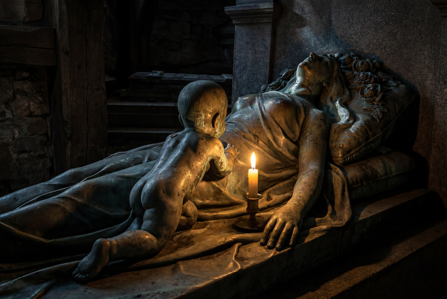 Stone tomb effigy illuminated by candlelight in a dark medieval crypt, depicting a reclining figure with dramatic shadows.