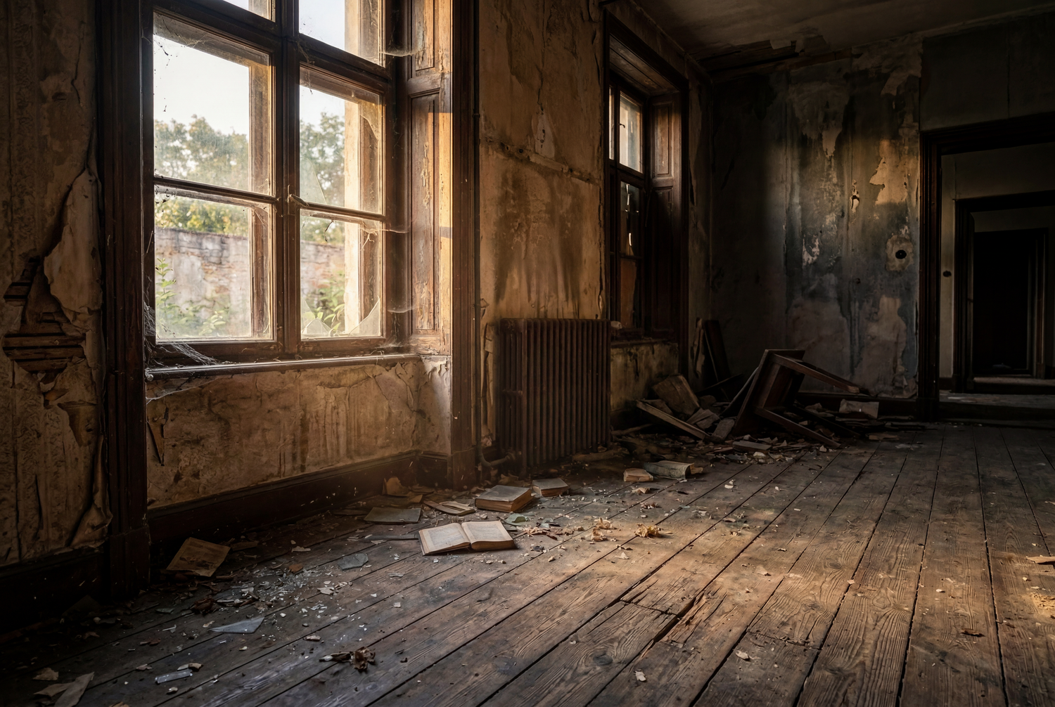 Abandoned room with peeling walls, debris on worn wooden floors, and sunlight streaming through old windows.