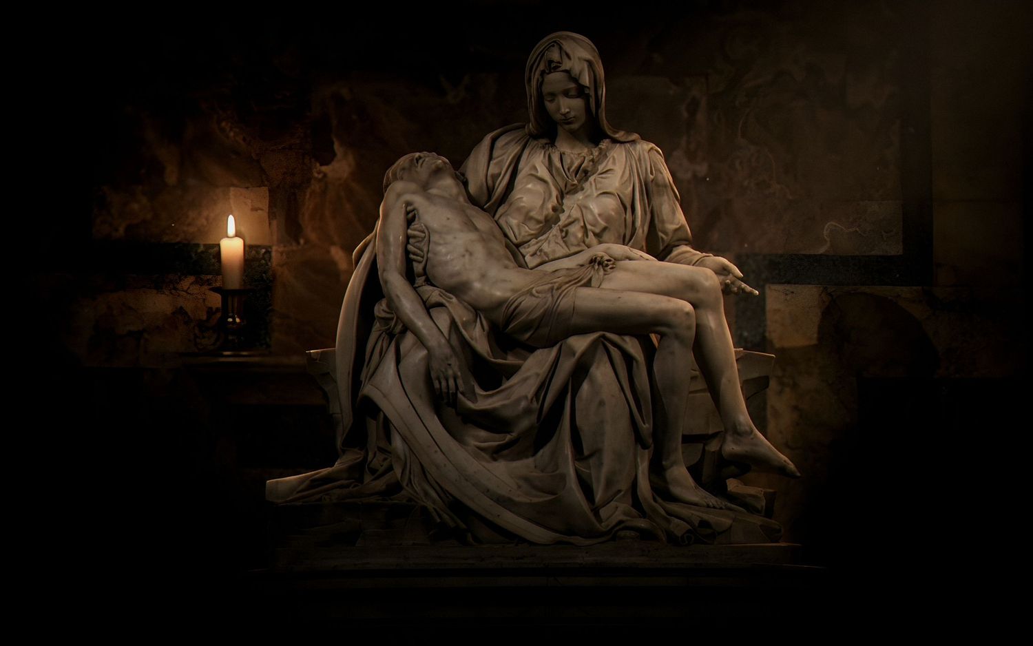 Michelangelo's Pietà sculpture illuminated by candlelight, depicting Virgin Mary holding Jesus Christ in dramatic chiaroscuro.