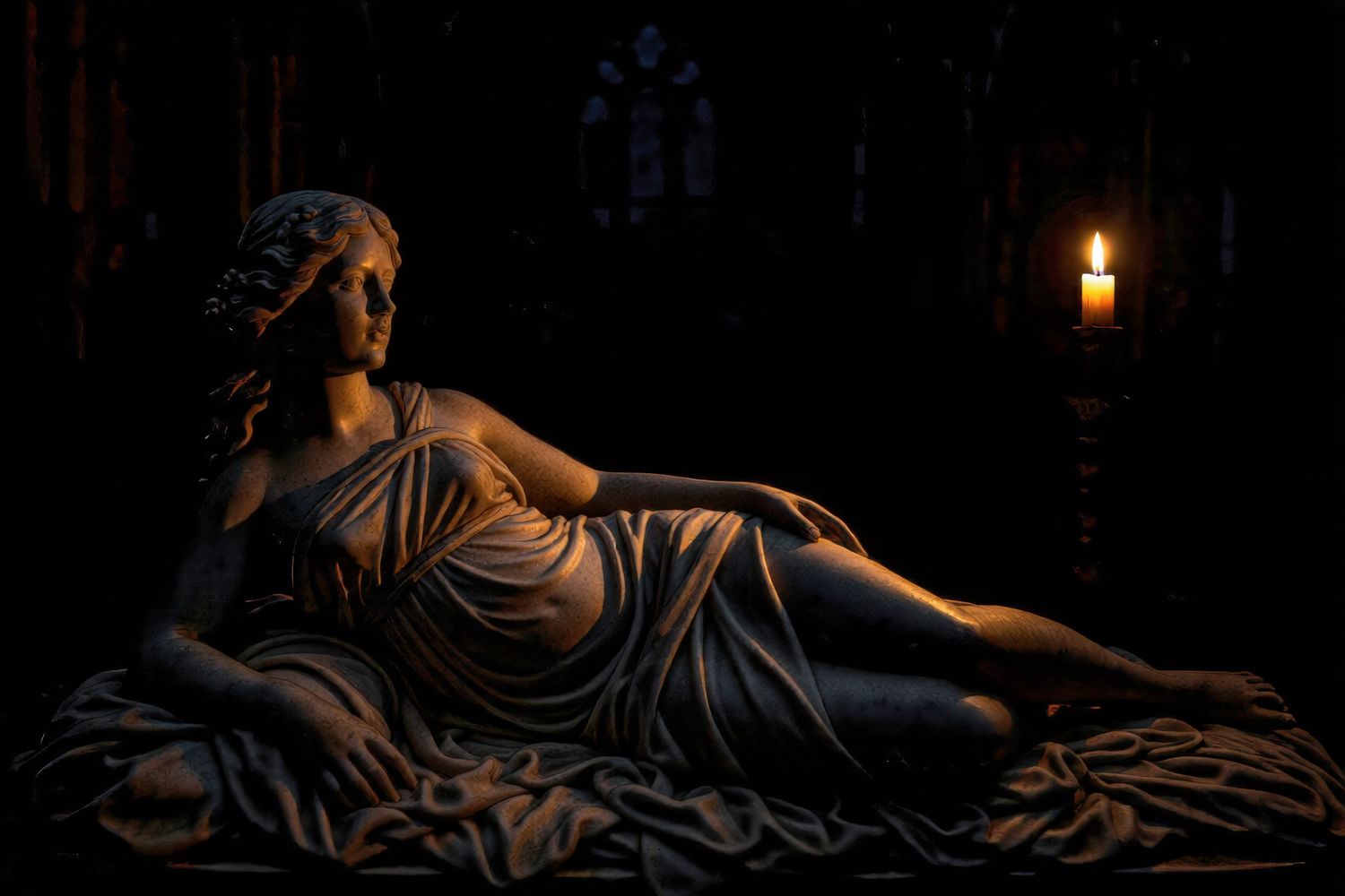 A marble statue of a reclining woman in classical robes illuminated by candlelight in a dark room.