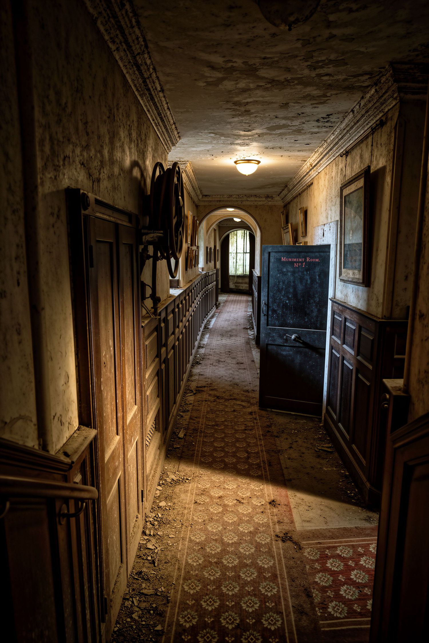 Eerie abandoned hallway with peeling walls, ornate tiled floors, arched window, and dim lighting in a decaying historic building.