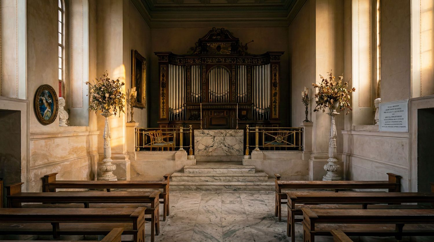 Elegant church interior with wooden pews, ornate pipe organ, marble altar, and golden floral arrangements in soft natural light.