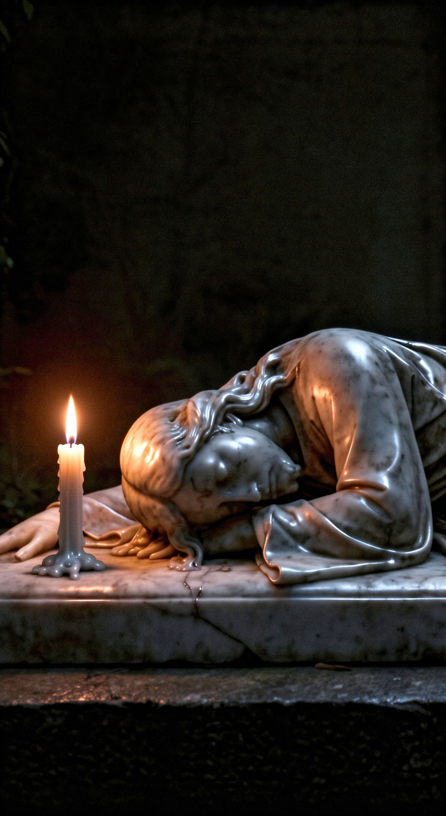 Bronze statue of a grieving figure lying prostrate on marble, illuminated by a single candle flame in darkness.