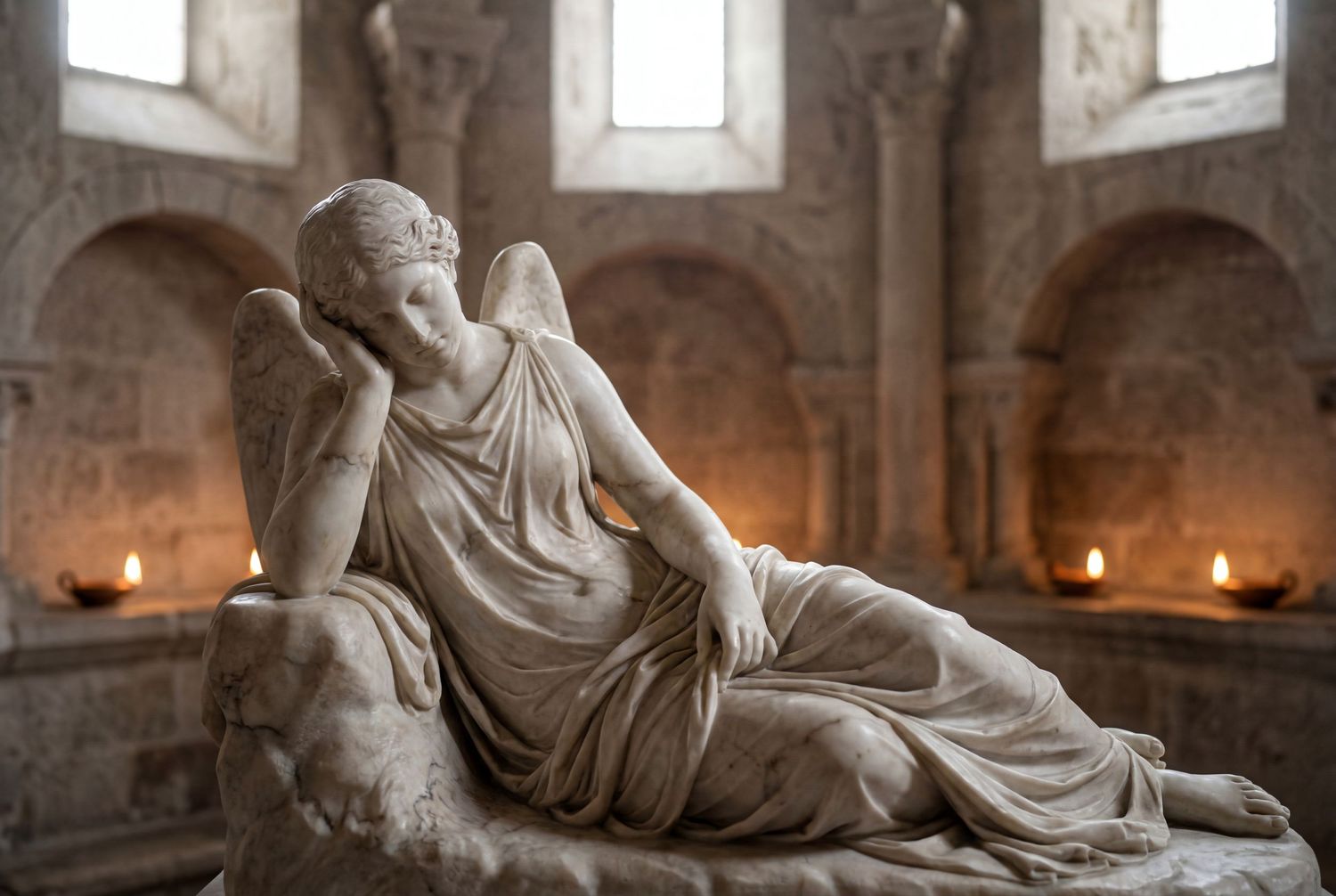 Ancient marble statue of a reclining angel in a stone chapel with candlelight, classical Roman sculpture art.