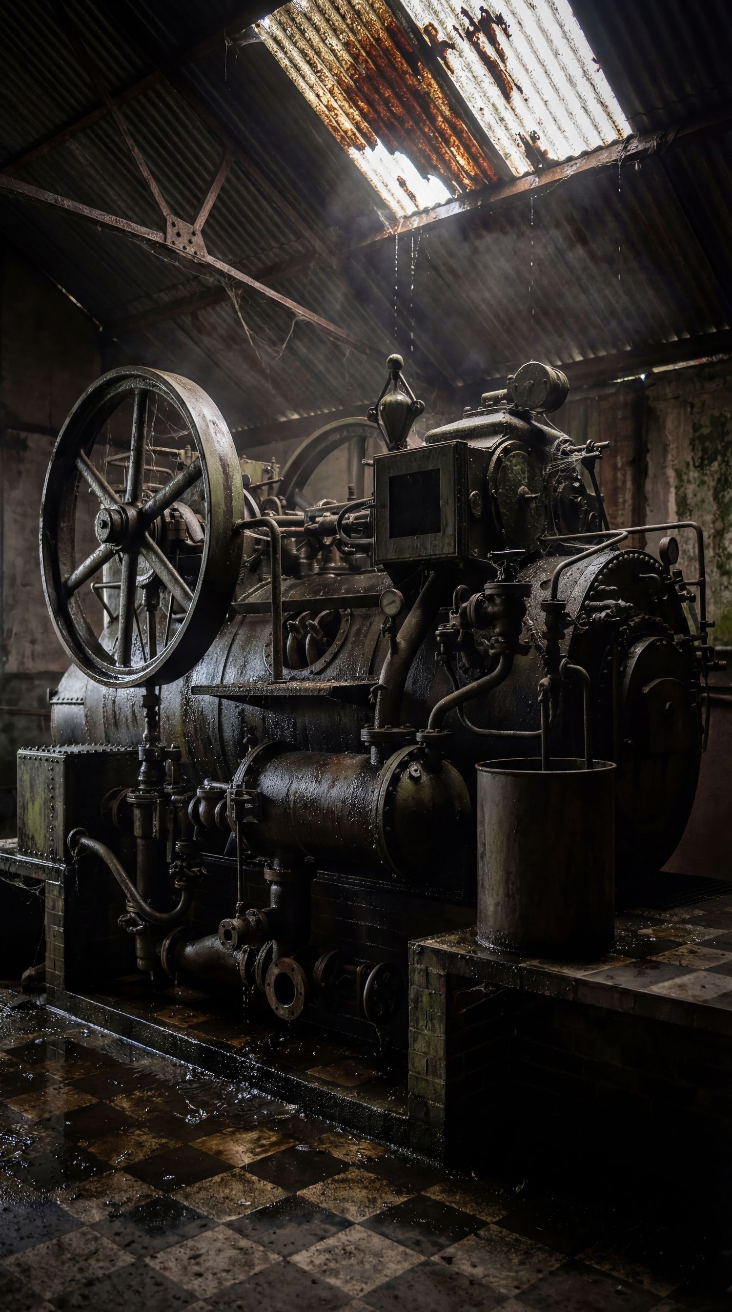Vintage industrial machinery and equipment in dark abandoned factory with rusted metal and broken roof panels.
